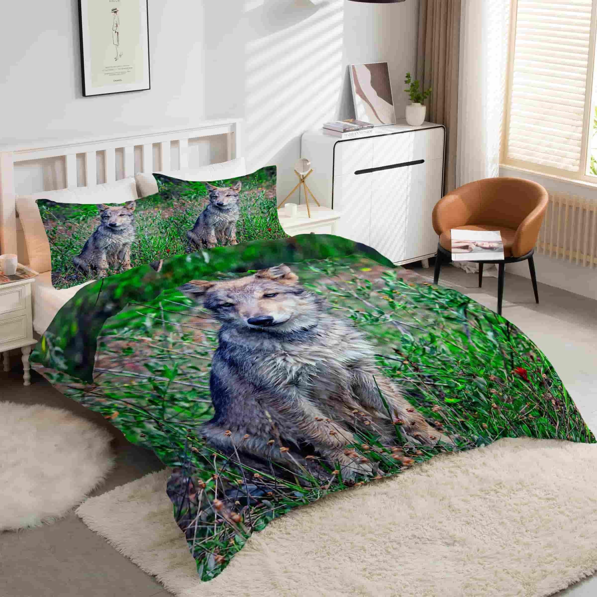 Housse de couette loup gris 220x240 pour chambre chalet cosy