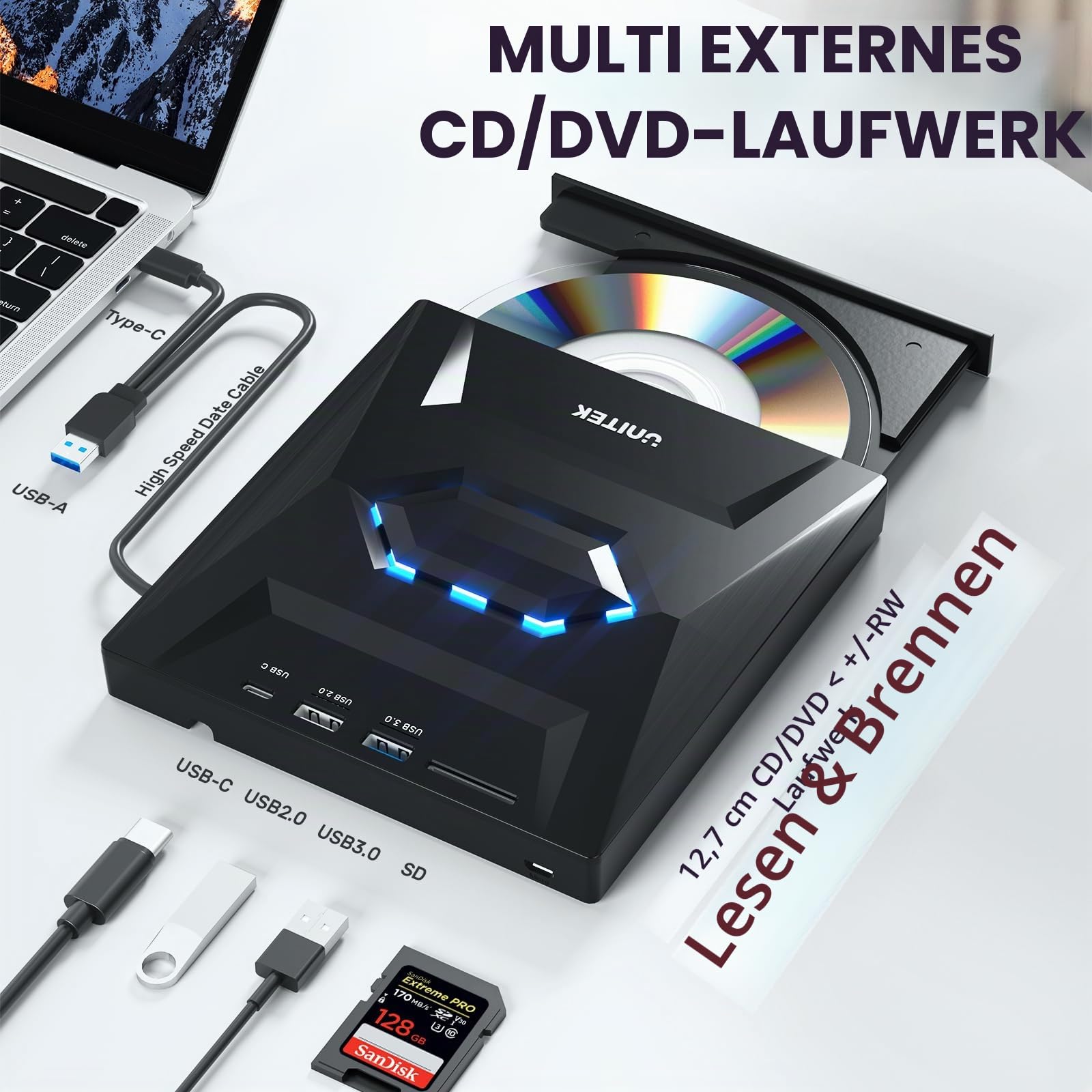 UNITEK Externes CD DVD Laufwerk, USB C Tragbares CD/DVD +/-RW Laufwerk/DVD Player mit SD Card Reader USB 3.0 USB C Hub CD ROM Brenner Kompatibel mit Laptop Desktop PC Windows Linux OS Apple Mac