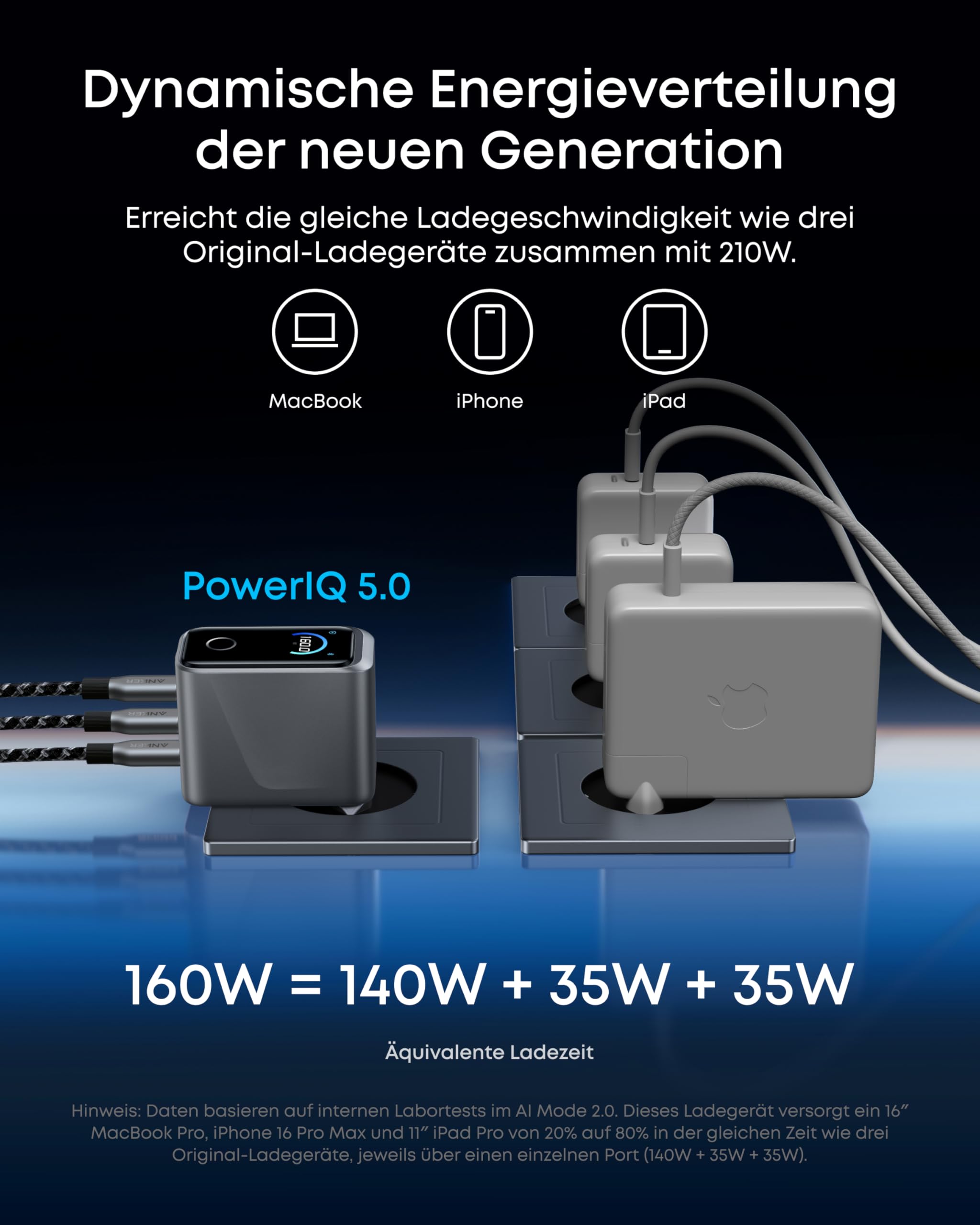 Anker Prime 160W USB C Ladegerät, kompakter GaN USB-C Ladeblock mit 3 Ports, Smart Display, Touch-Steuerung, Ultra-schnelles 140W Laden bei 1 Port, für Laptop, MacBook, iPad, iPhone 17/16/15 und mehr