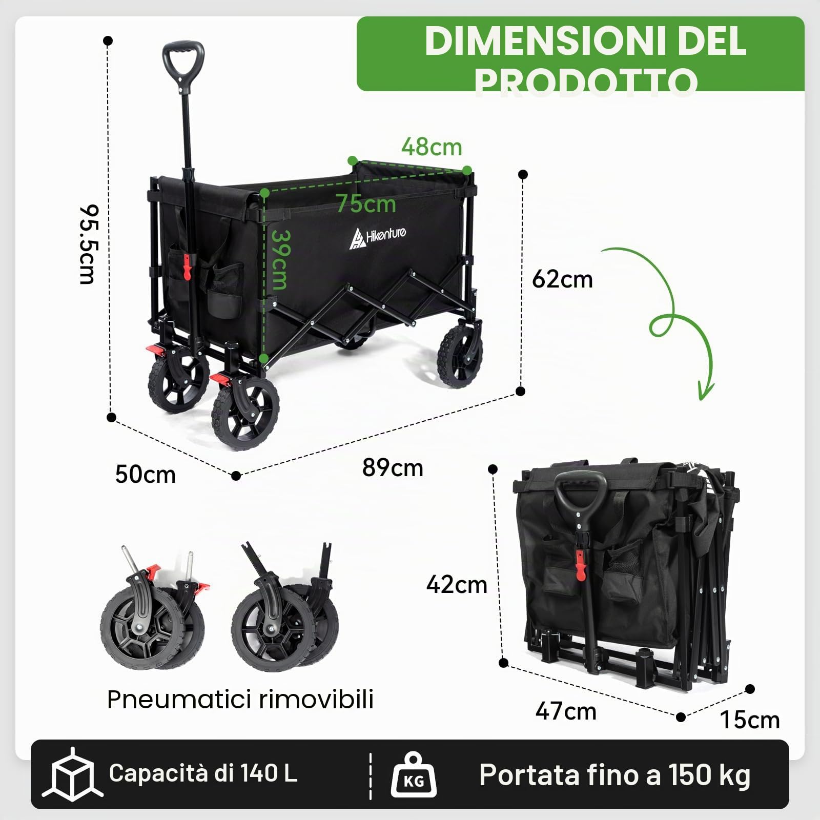HIKENTURE Carrello pieghevole con Brema – 140 litri di volume e portata 150 kg, estremamente pieghevole, carrello per la spesa, per spiaggia, campeggio, shopping
