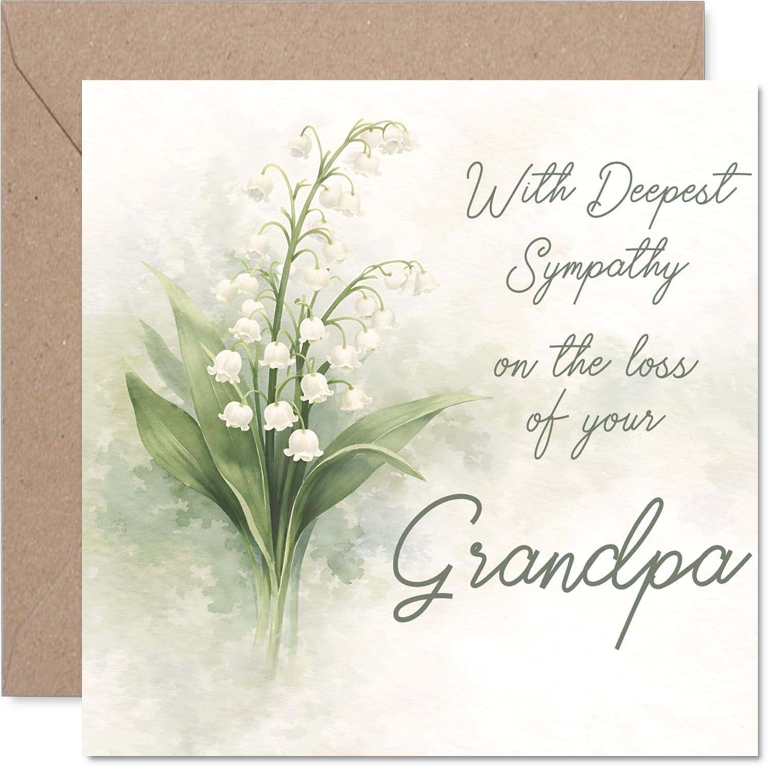 Comforting Sympathy Card - Loss of Grandpa - A Gentle Way to Express Your Thoughts - Lily of the Valley Flowers and Soft Green Hues - 145mm Square, Envelope Included
