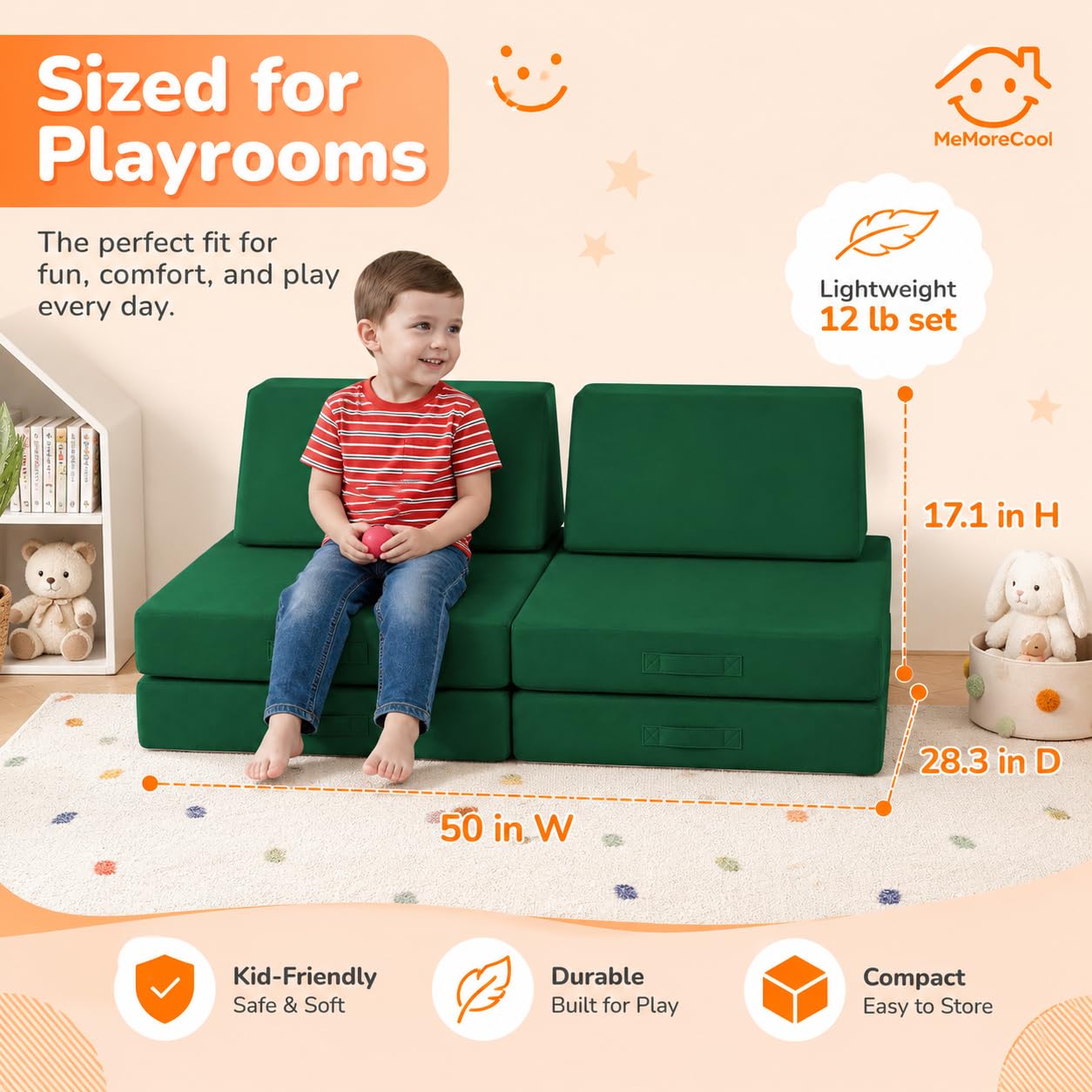 MeMoreCool Kids Couch, Forest Green Modular Foam Play Couch, Ages 3+ — Amazon image 2