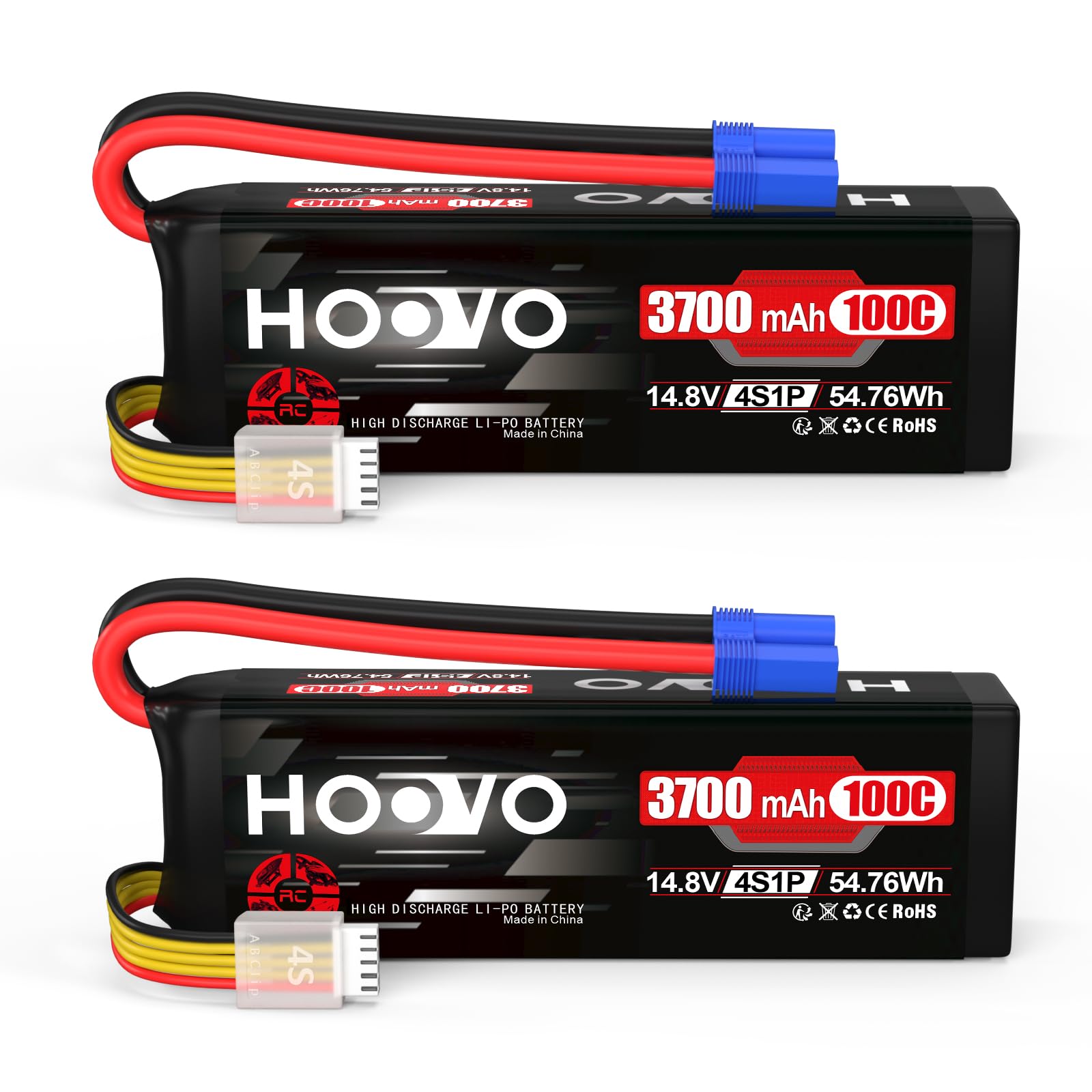 HOOVO 4S Lipo Battery 14.8V 3700mAh 100C RC Battery Soft Case with EC5 Plug for RC Car Buggy Helicopter Airplane Boat Quadcopter FPV UAV Drones Hobby(2 Pack)