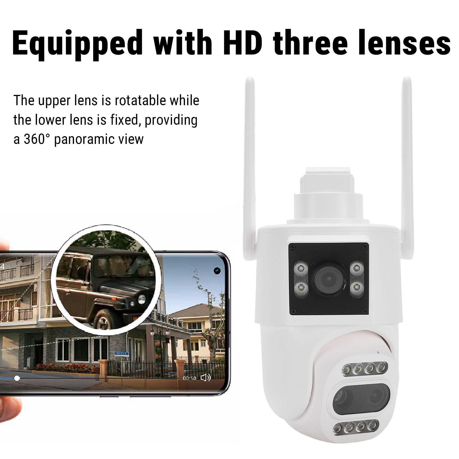 Telecamera di Sicurezza 2K per Interni Ed Esterni, Telecamera di Sorveglianza Domestica WiFi 3 Obiettivi 2.4G con Zoom 10X, Visualizzazione Panoramica e Inclinabile a 360°
