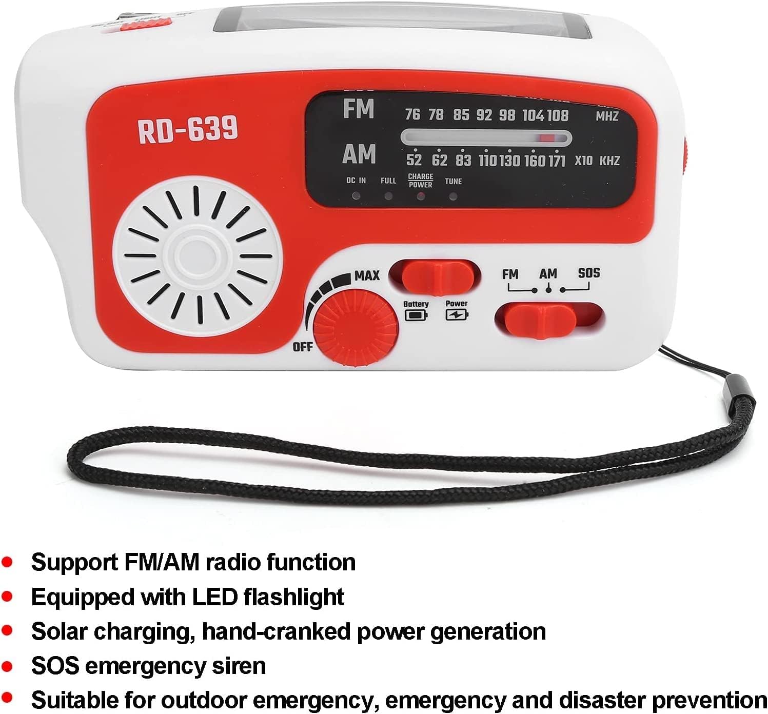 Emergency Radio, Multifunction-AM/FM, Lighting, Siren (SOS), LED Flashing Lig