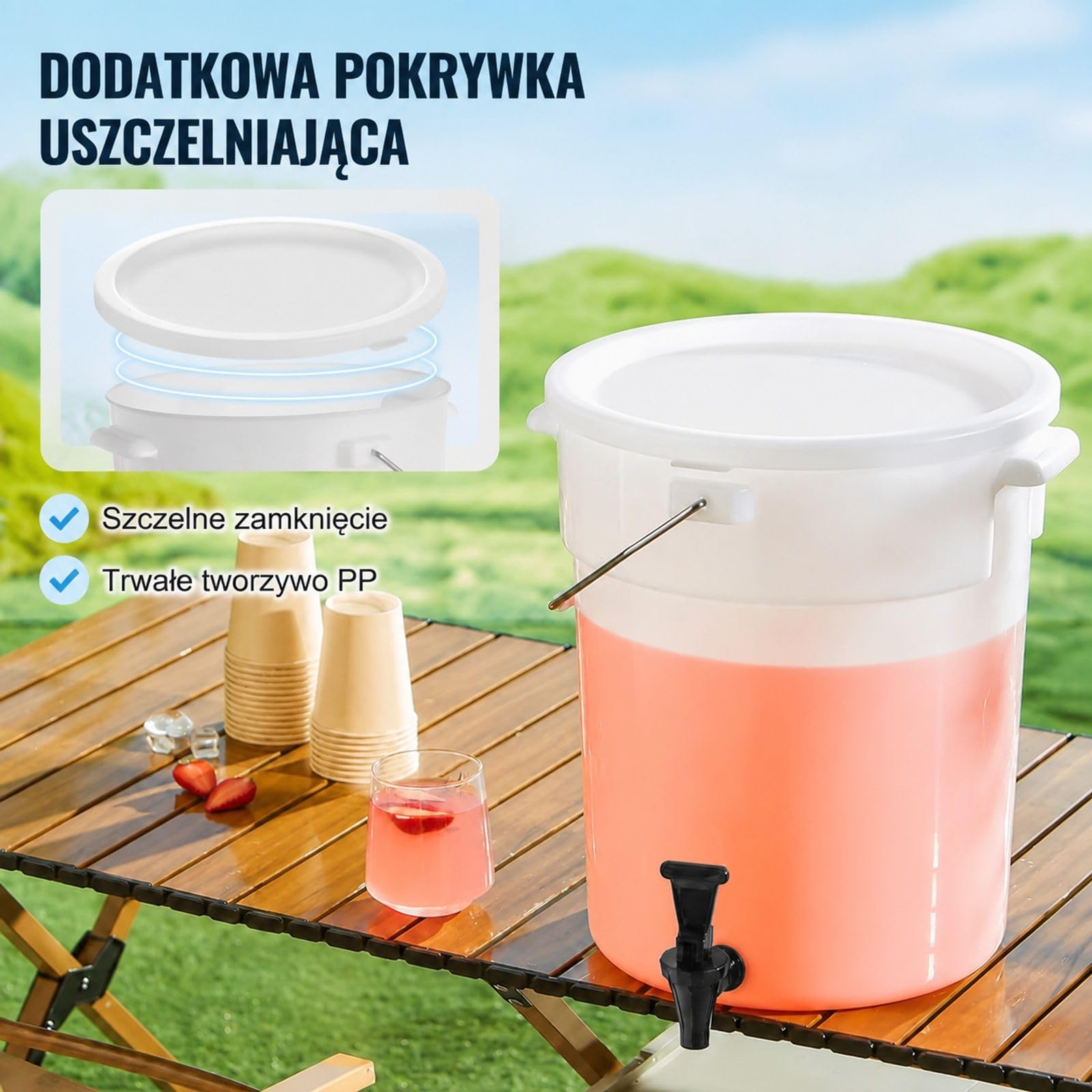 Zestaw 2 szt dozownik napojów 19 L z tworzywa z kranikiem i pokrywą do soku lemoniady herbaty lodowej wody restauracji hoteli przyjęć