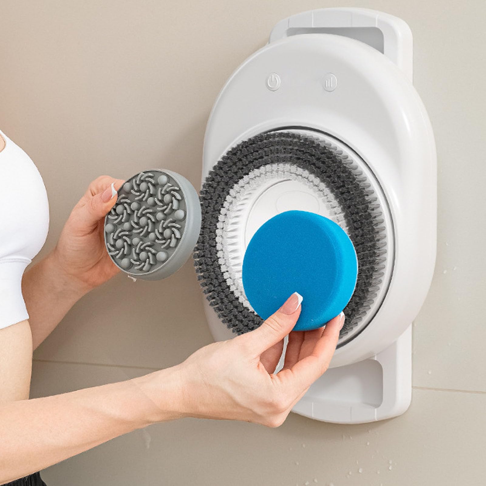 ZJchao Spazzola per il Corpo Montata a Parete, Spazzola Esfoliante Vivavoce Impermeabile IPX7 Altezza Regolabile con 3 Testine per Doccia Bagno Spa Materiale ABS Batteria 2600 MAh