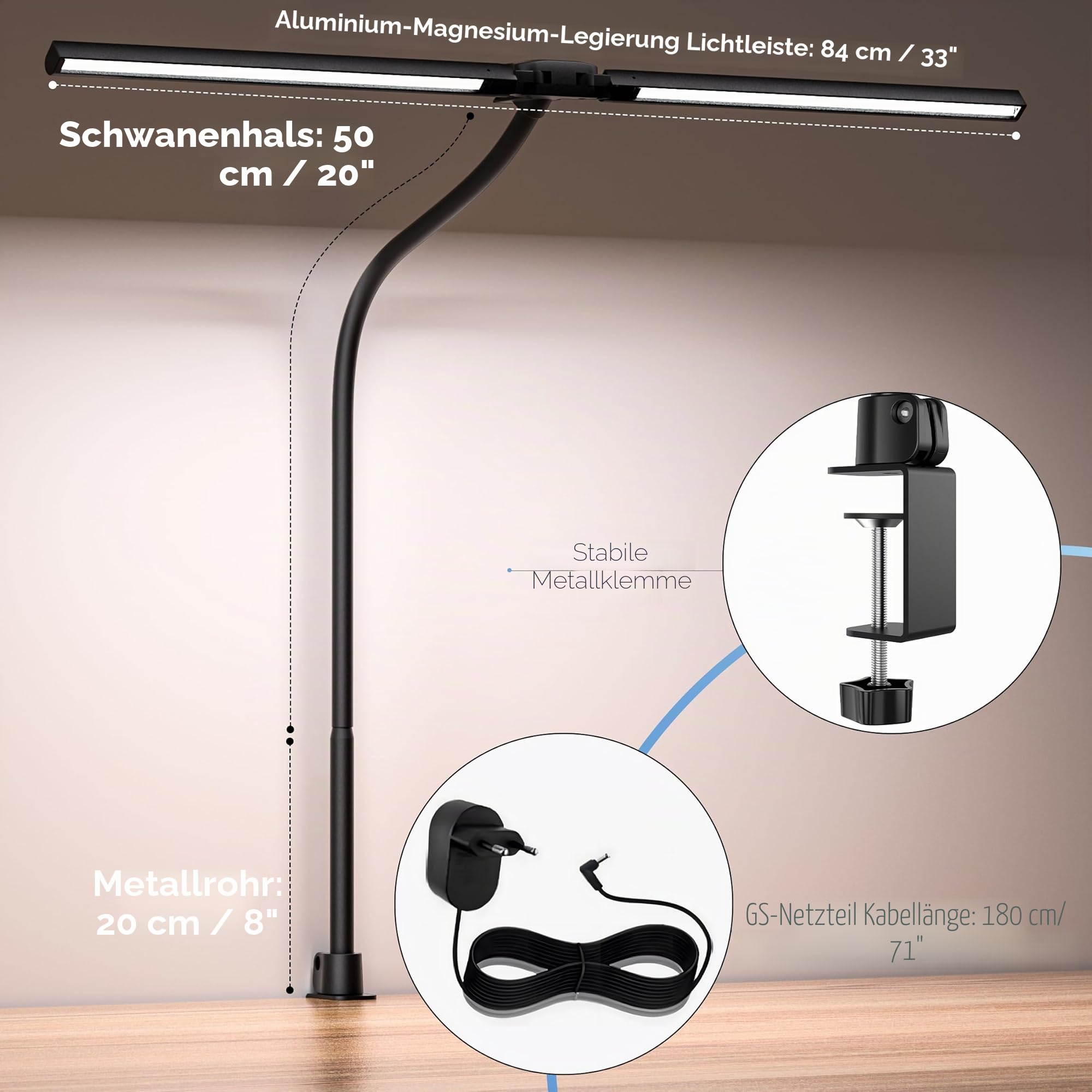 EYOCEAN Schreibtischlampe, Doppelkopf Schreibtischlampe Klemmbar, 24W 80cm Tageslichtlampe Schreibtisch mit Fernbedienung, Dimmbare Monitor Lampe, Büro Tischlampe, Augenschutz Bildschirmlampe