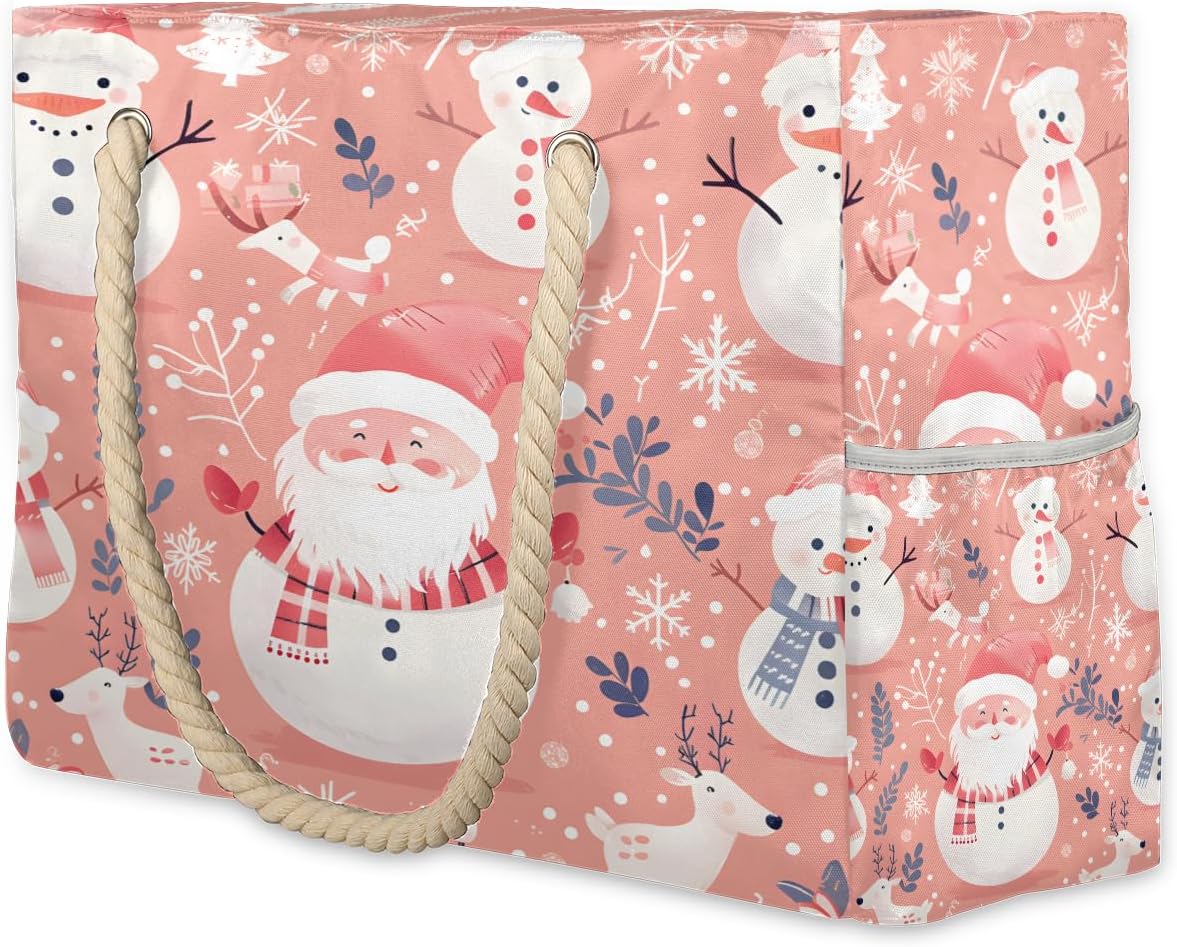 Christmas Snowman Cute Deer Beach Bags Waterproof Sandproof for Women, Large with Zipper Pool Beach Tote Reusable Grocery Shoulder Bag for Swim Travel Shopping Vacation Picnic