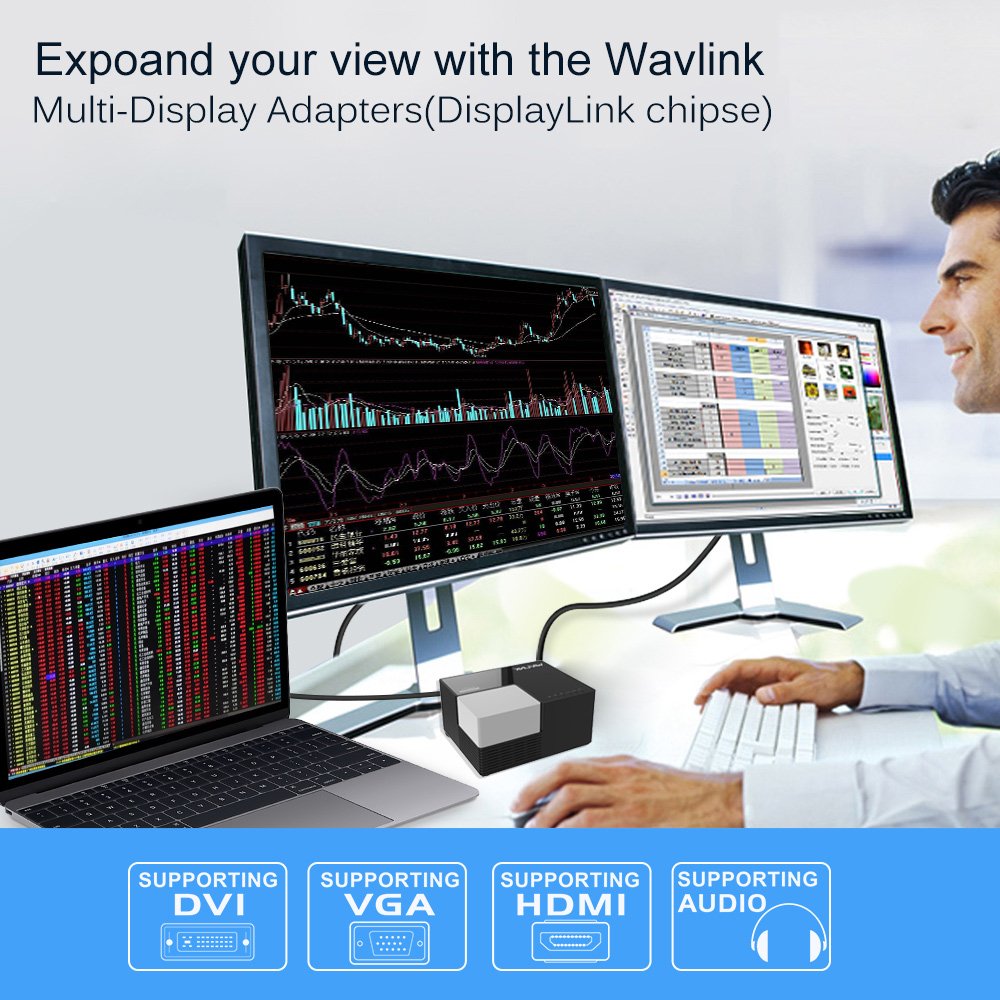 WAVLINK Docking station per laptop USB 3.0 / USB C con doppia uscita video (HDMI e DVI, VGA o HDMI), LAN Gigabit, audio, 4 porte USB, 2 porte di ricarica USB
