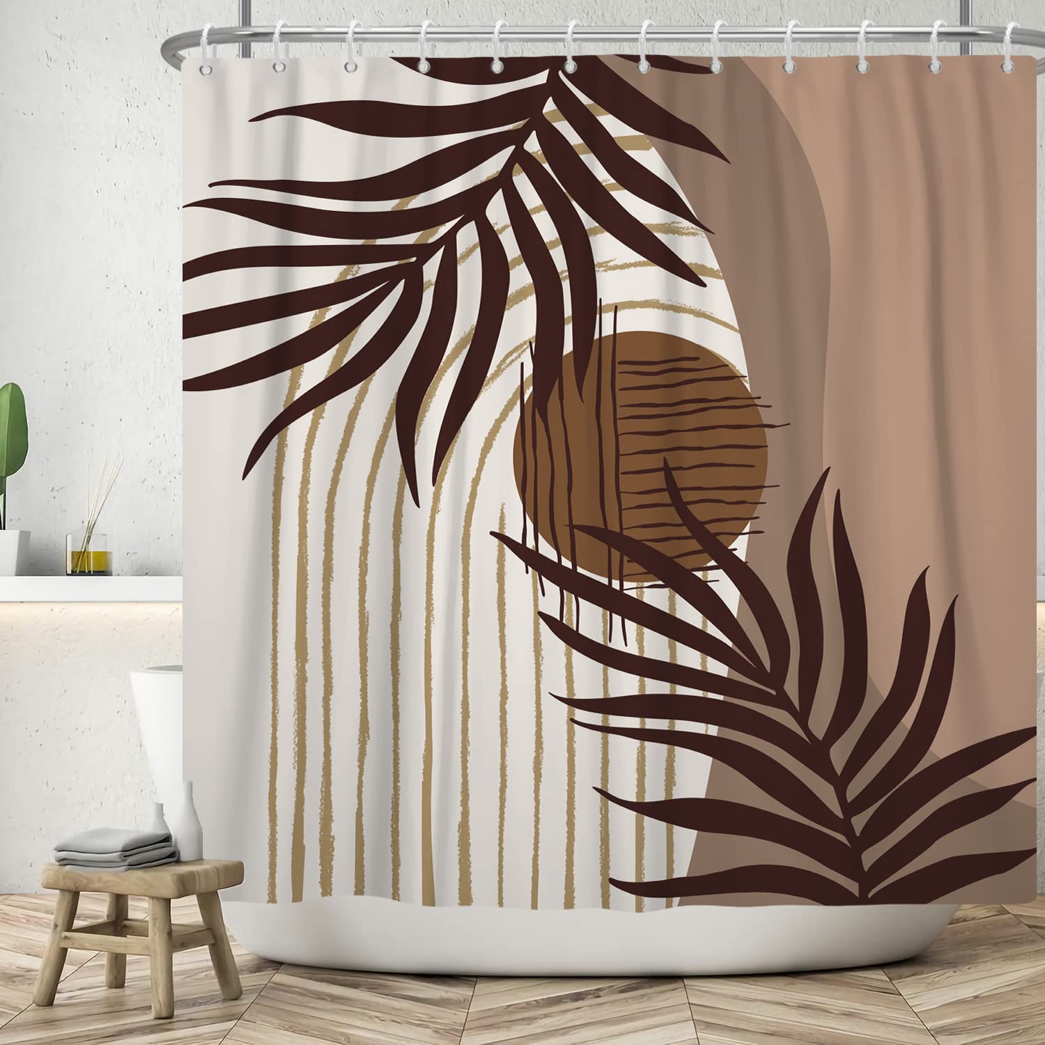 Ttincceer 180x180cm Abstract Plant Shower Curtain with Hook, Watercolor Brown Palm Leaf Abstract Sun Bathroom Curtain Modern Mid-Century Shower Curtains Washable Bathtub Curtain — image 1