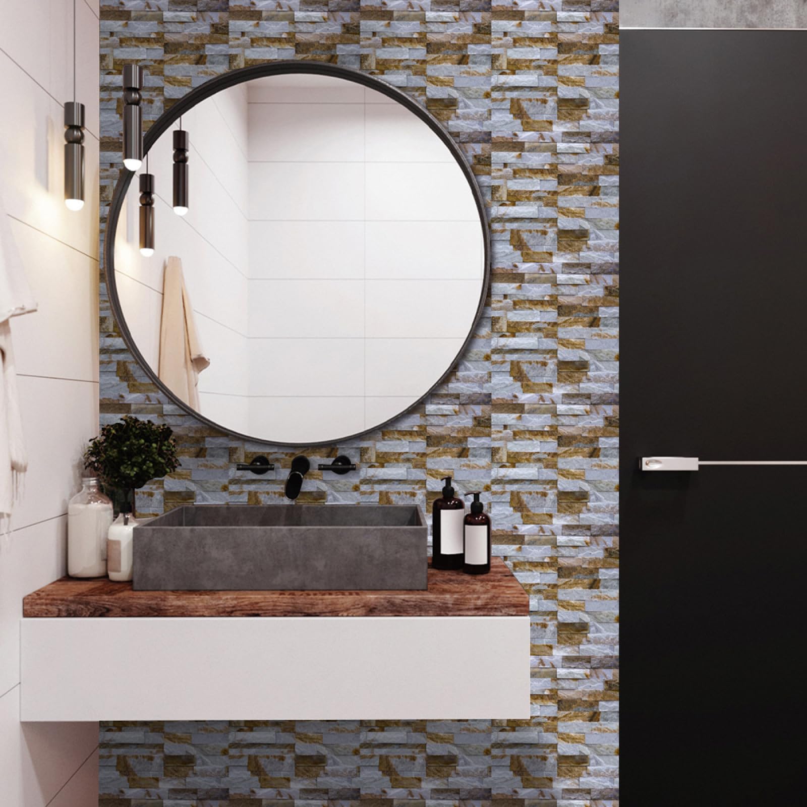 Piastrelle Adesive Cucina Marrone Bianco Pietra Mattone Modello Pavimento pvc Adesivo Mobili Decorazioni Piastrelle Adesive Bagno Impermeabile Resistenza all'olio Mattonelle Adesive