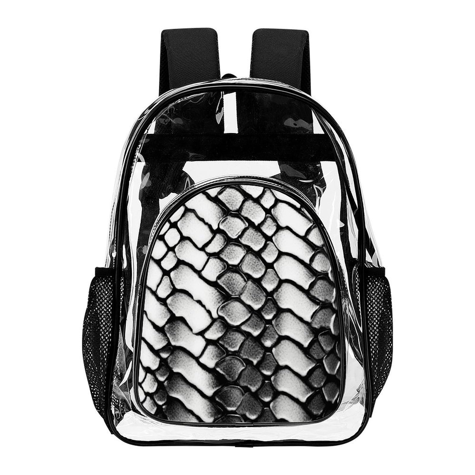 Transparenter Rucksack, Schlangenhaut-Optik, groß, transparent, PVC, Büchertasche für Sicherheit, Arbeit, Reisen, Stadion, Schwarz und Weiß