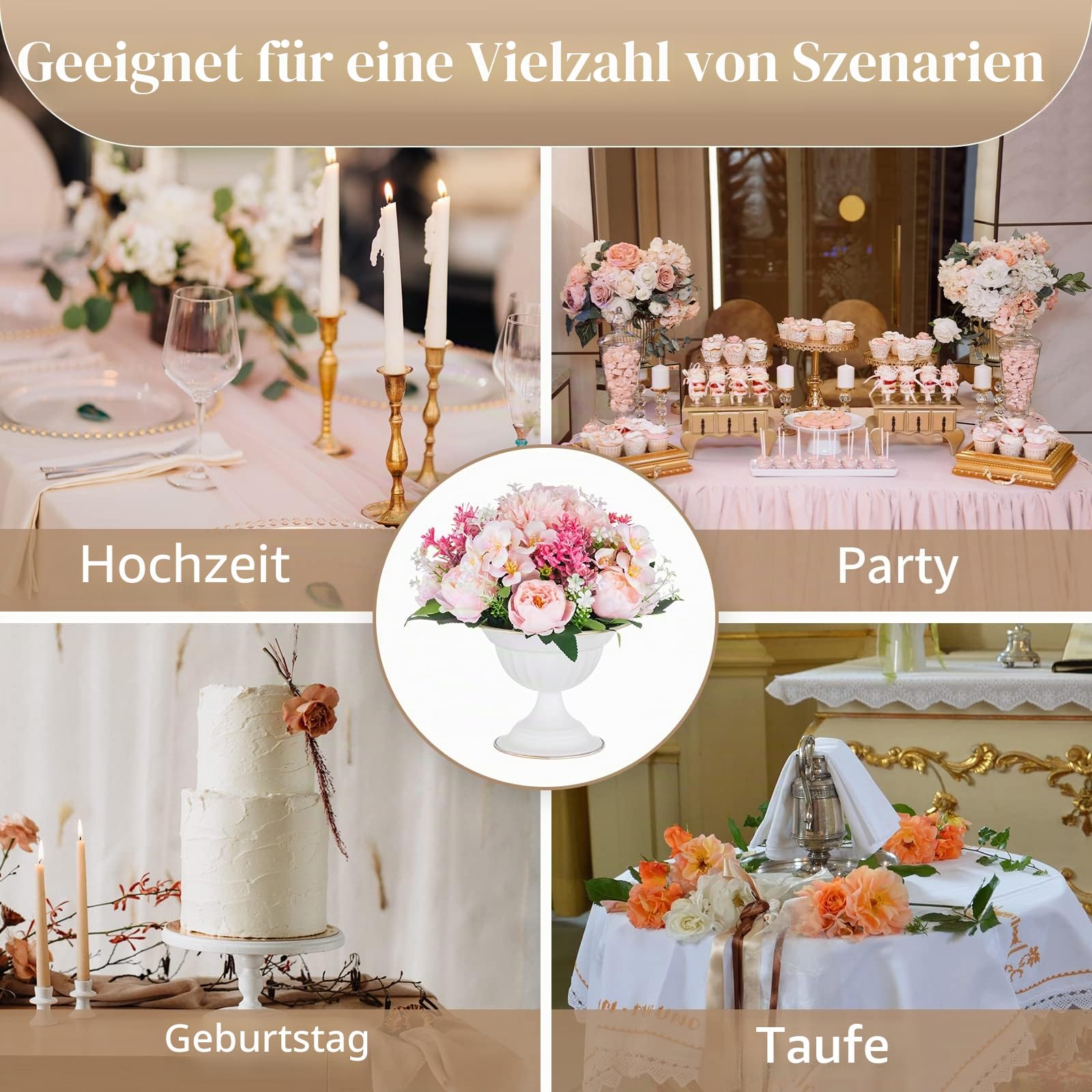 Sziqiqi Metall Weiß Urn Vasen Hochzeit: Kleine Vasen für Tischdeko 10Stk | Dick, ⌀16cm/ H13cm/ T7cm, Weite Öffnung für Kunstblume, Vintage, Hochzeitsdeko, Taufe, Esstisch, Party, Landhaus