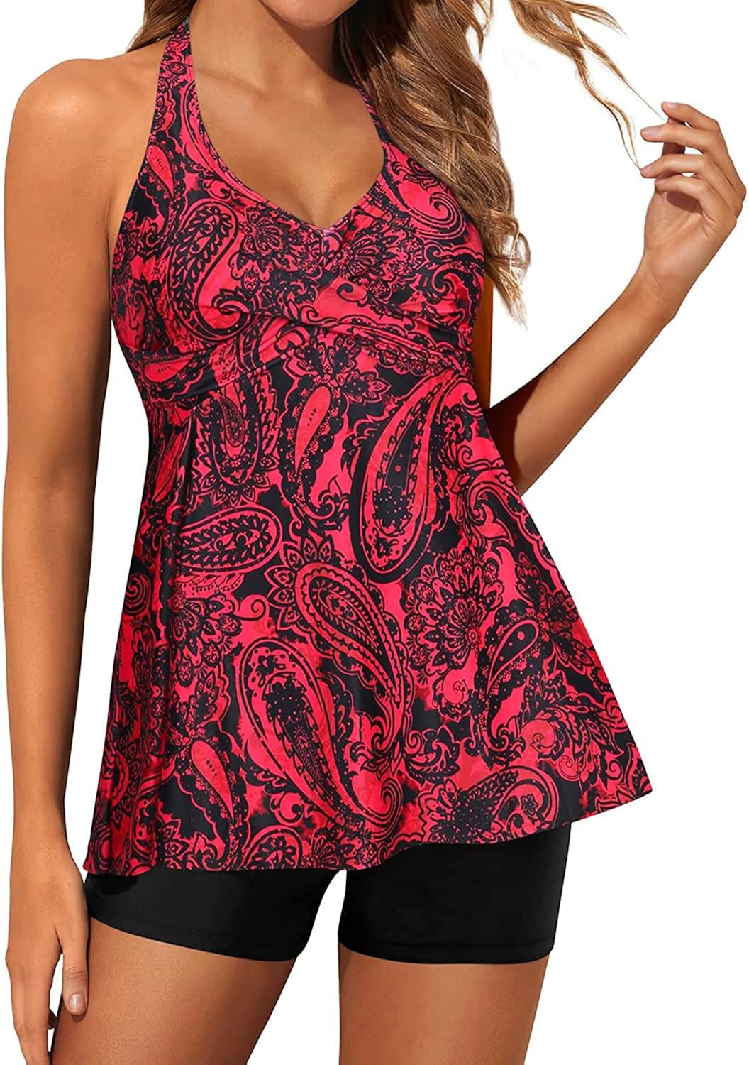 Yonique Two Piece Tankini Swimsuits for Women with Shorts Halter V Neck Bathing Suits Flowy Twist Front Swimwear