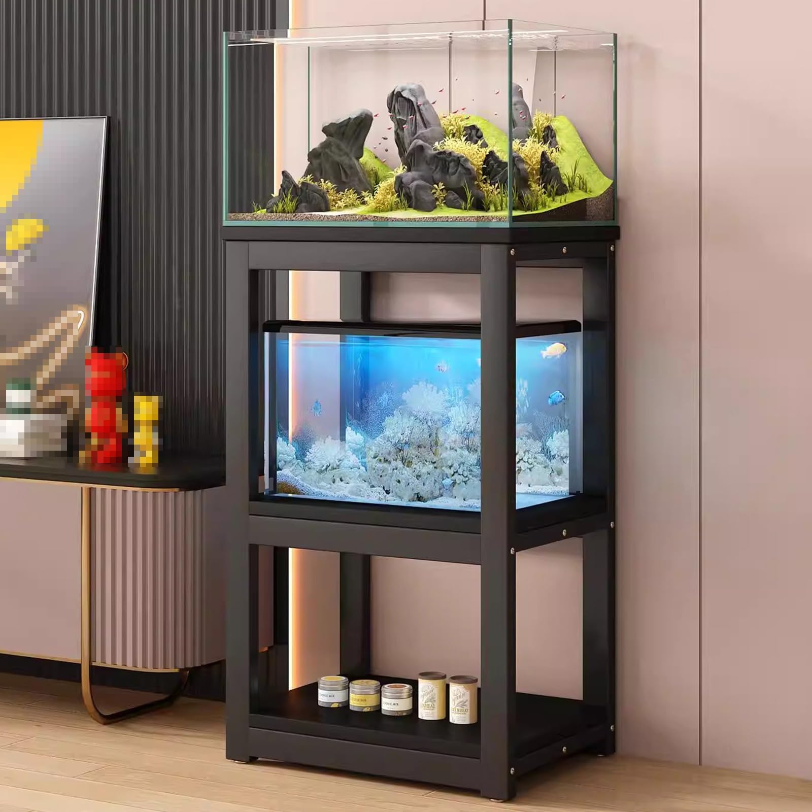 Szafka akwariowa z półką do przechowywania, otwarty stojak do akwarium, 3-poziomowe wsporniki do terrarium, metalowa konstrukcja, do salonu biura domowego (czarny, 61x40x100cm)