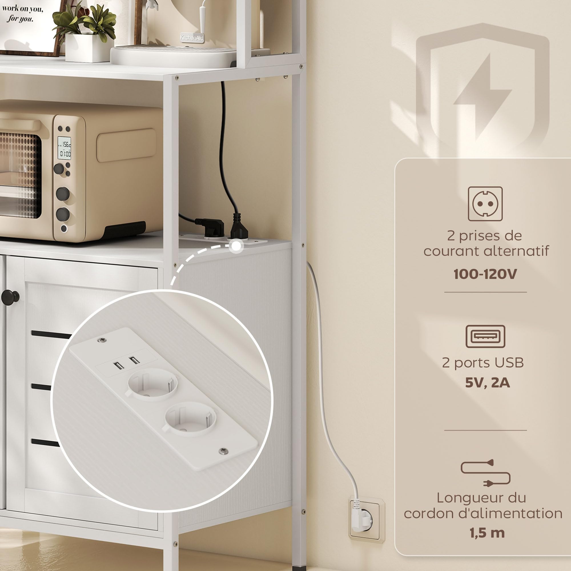 HOMCOM Küchenregal mit Powerstrip, Moderner Stil, 80x42x171cm, Weiß