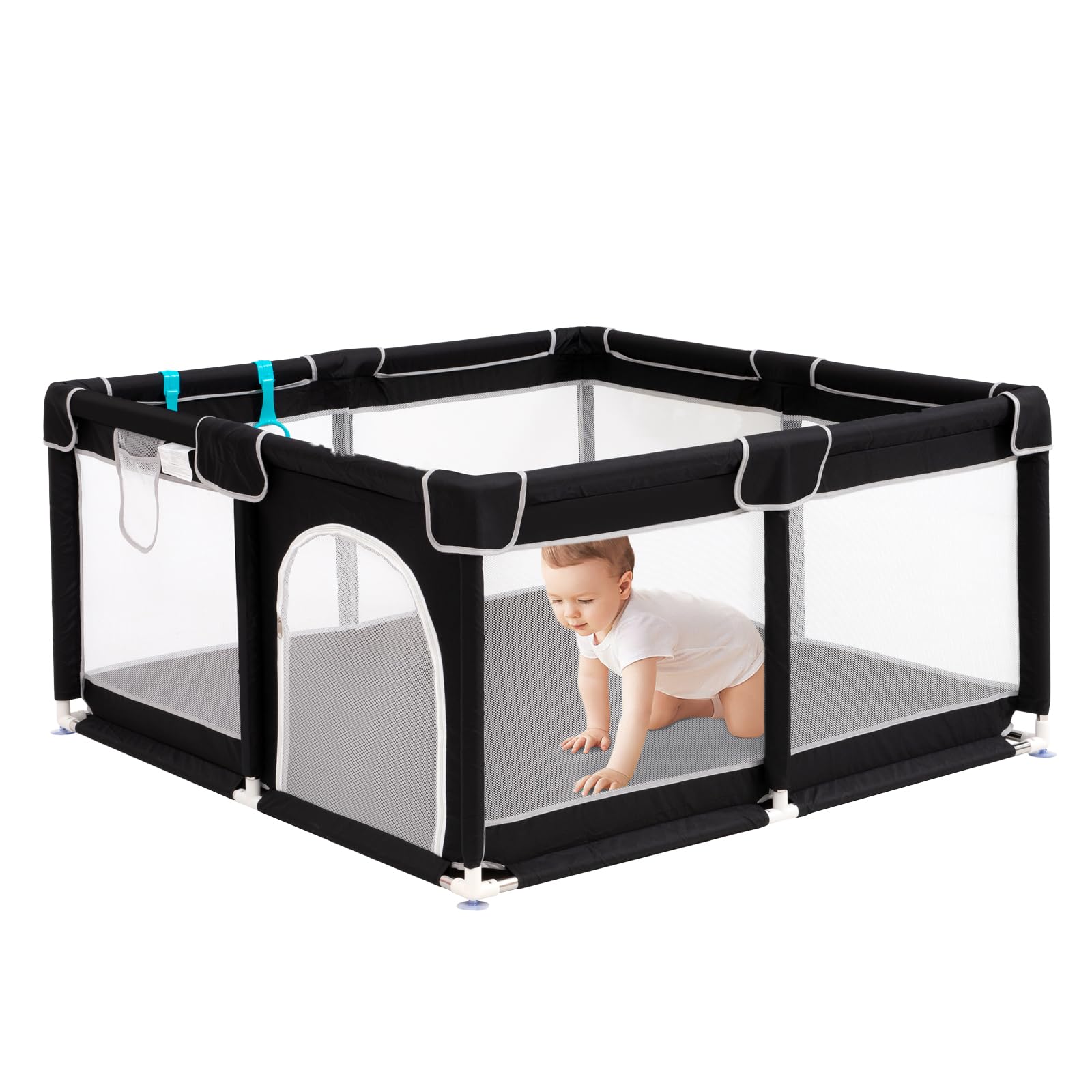 BRIAN & DANY Baby Playpen, 128x 128 cm Playpens for Babies, Sturdy Safety Playpen with Soft Breathable Mesh, Black