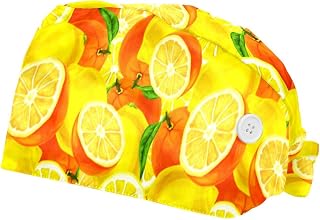 Yellow Lemon 2 Pack Adjustable Working Cap with Buttons Elastic Bouffant Hats Head Scarf with Sweatband for Women Men