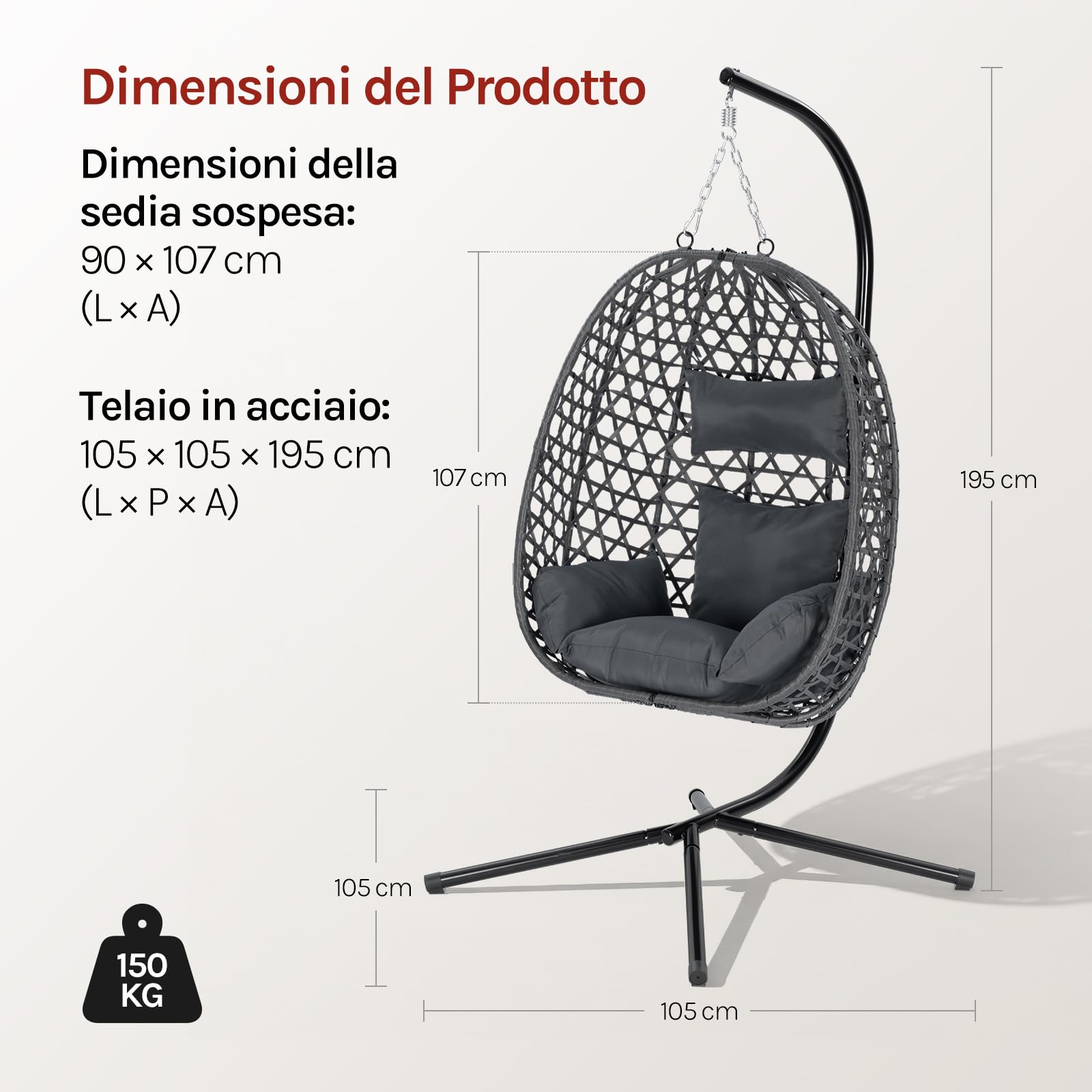 WOLTU Poltrona Sospesa a Uovo con Supporto in Metallo, Cuscino e Poggiatesta, Rattan PE, 102x100x196 cm, Grigio