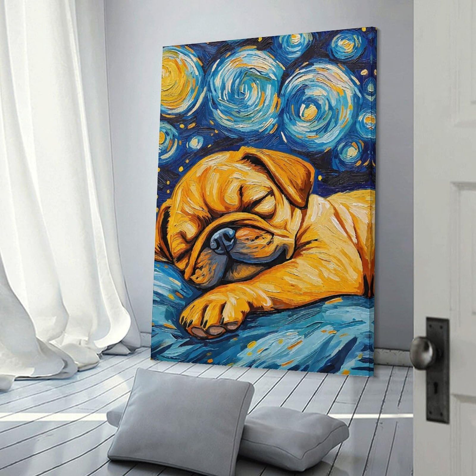Junmoney Frame-Style-1 Sleeping Puggle Starry Night Room Decor Wall Art, 08X12inch(20X30cm), For Living Room, Bedroom, Office Or Hallway, Decorative Artwork With Broad Appeal