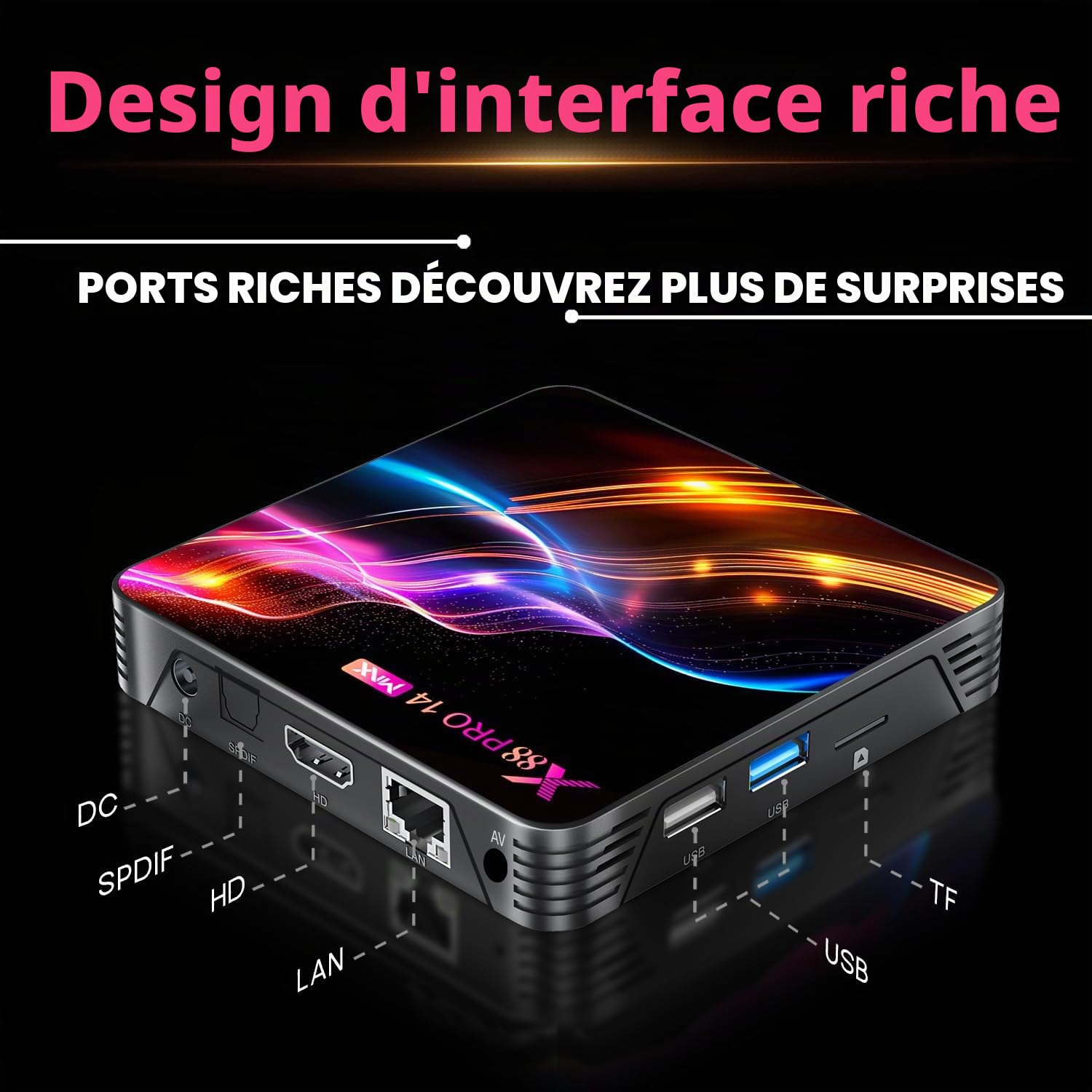 Android 14.0 TV Box,X14 Pro Max 4Go RAM 32Go ROM RK3528 Quad-Core 64bit Cortex-A53 Mali 450 MP2 GPU Support 8K 3D 1080P 2.4/5.0GHz WiFi BT5.0 10/100M Ethernet DLNA USB 3.0 H.265