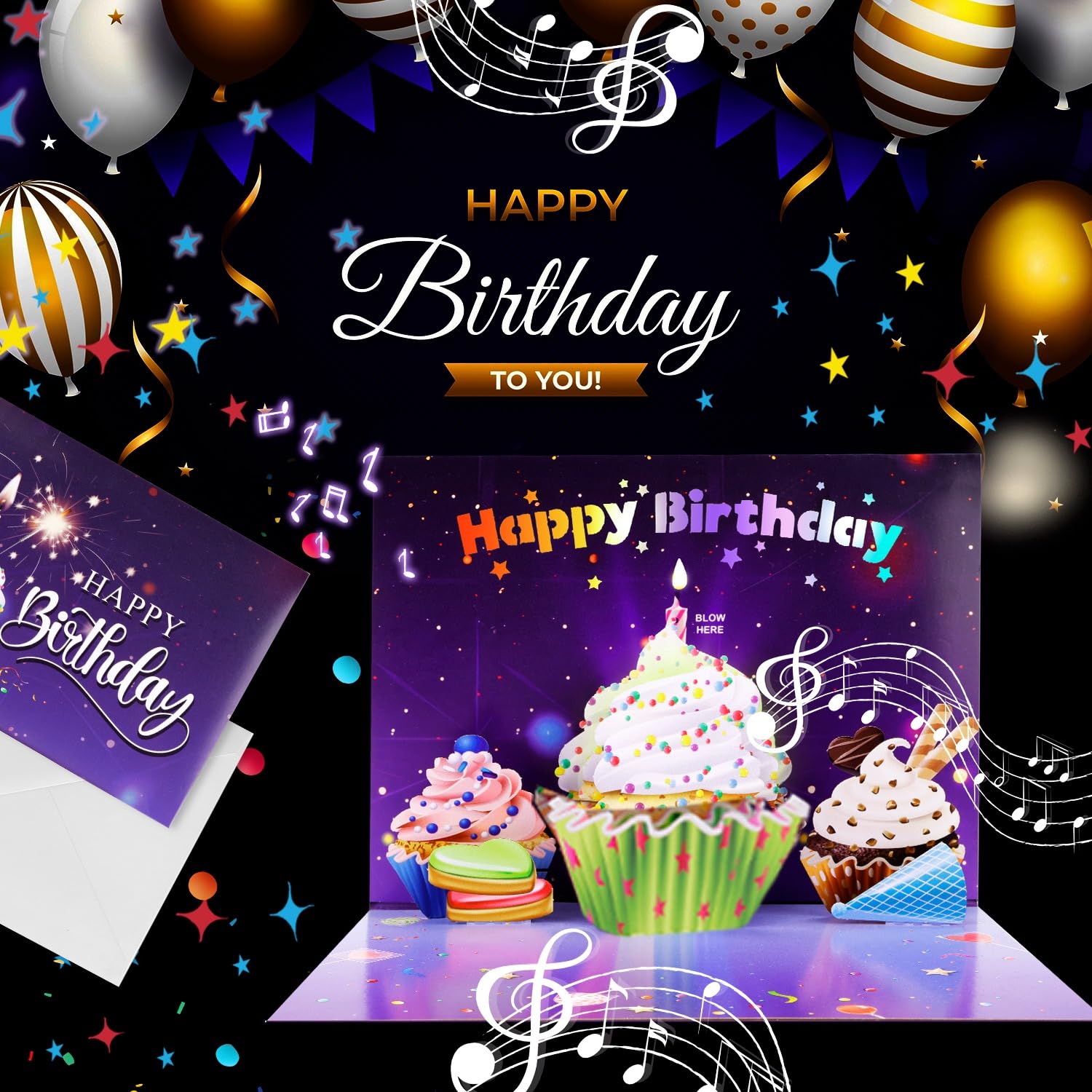 Tarjeta de feliz cumpleaños 3D emergente | Tarjetas de felicitación con luces musicales | Soplar la vela | Tarjeta desplegable de pastel de magdalenas | Reproduce una canción de feliz