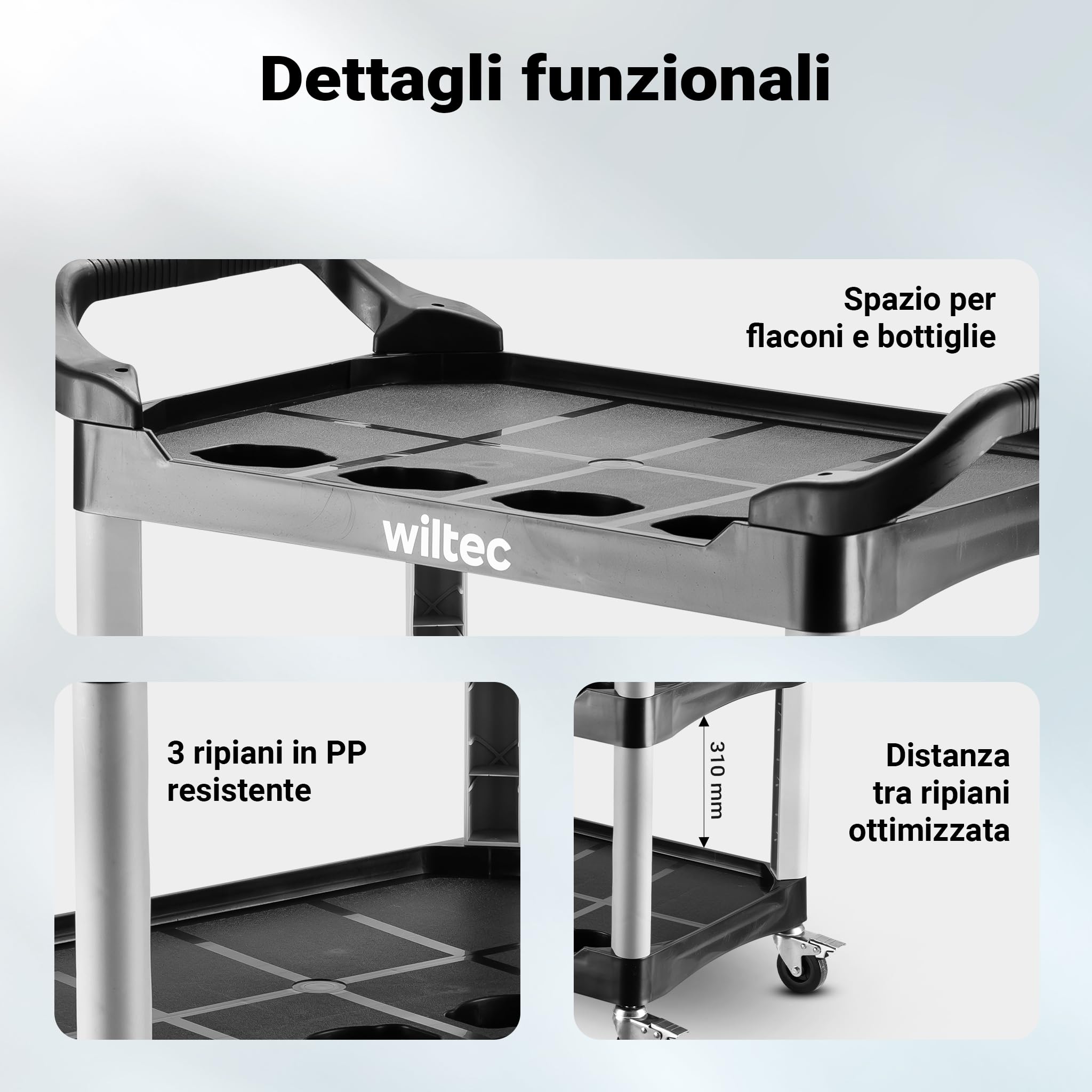 Wiltec Carrello a 3 ripiani tipo 01 con portata di 136 kg, carrello officina 74,5 × 42,5 × 67,5 cm in plastica