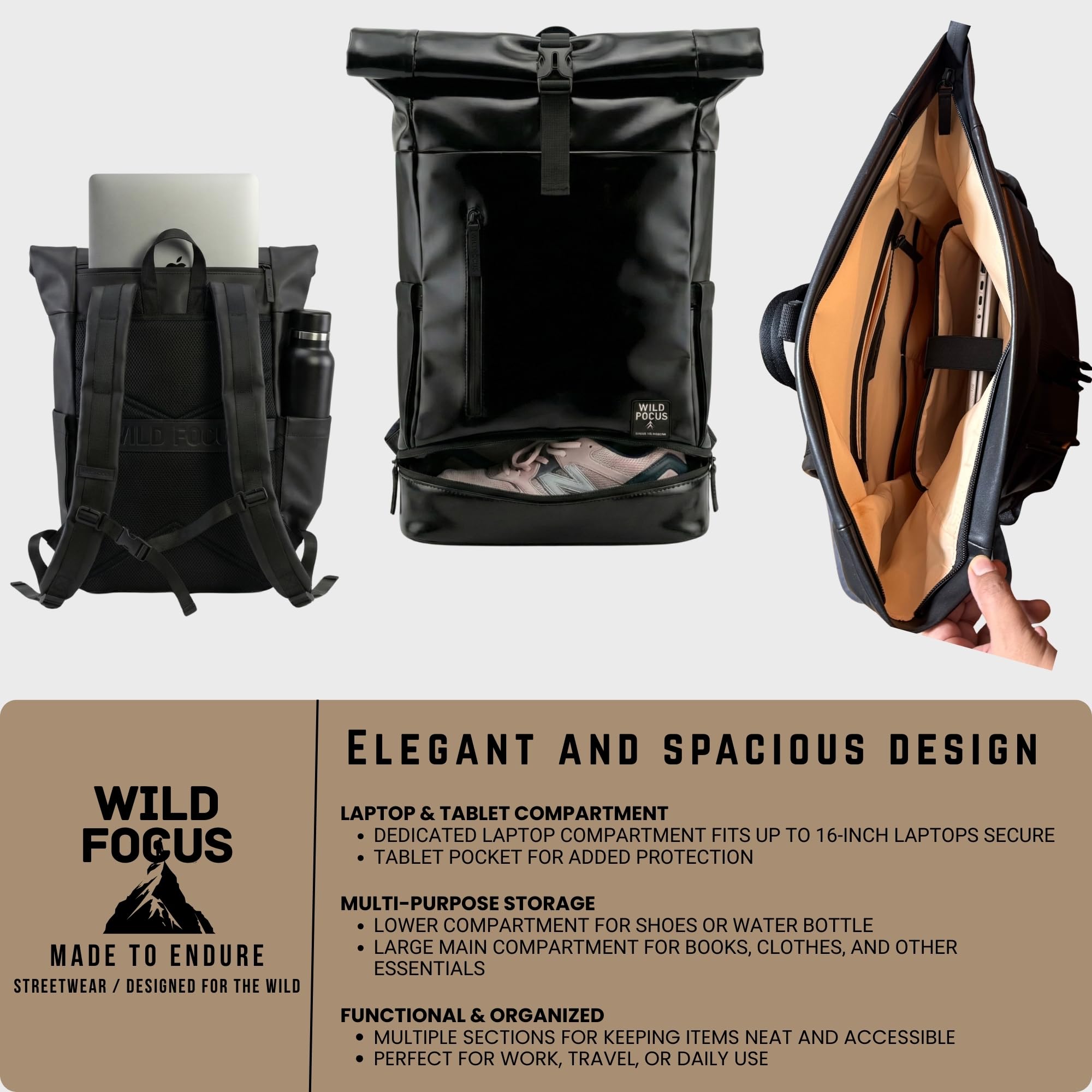 WildFocus Bagpack | Rucksack Damen & Herren | Rolltop Rucksack mit 16" Laptopfach | Backpack ideal für Reisen, City, Uni, Arbeit | wasserabweisend | Vegan Leather (Berlin)
