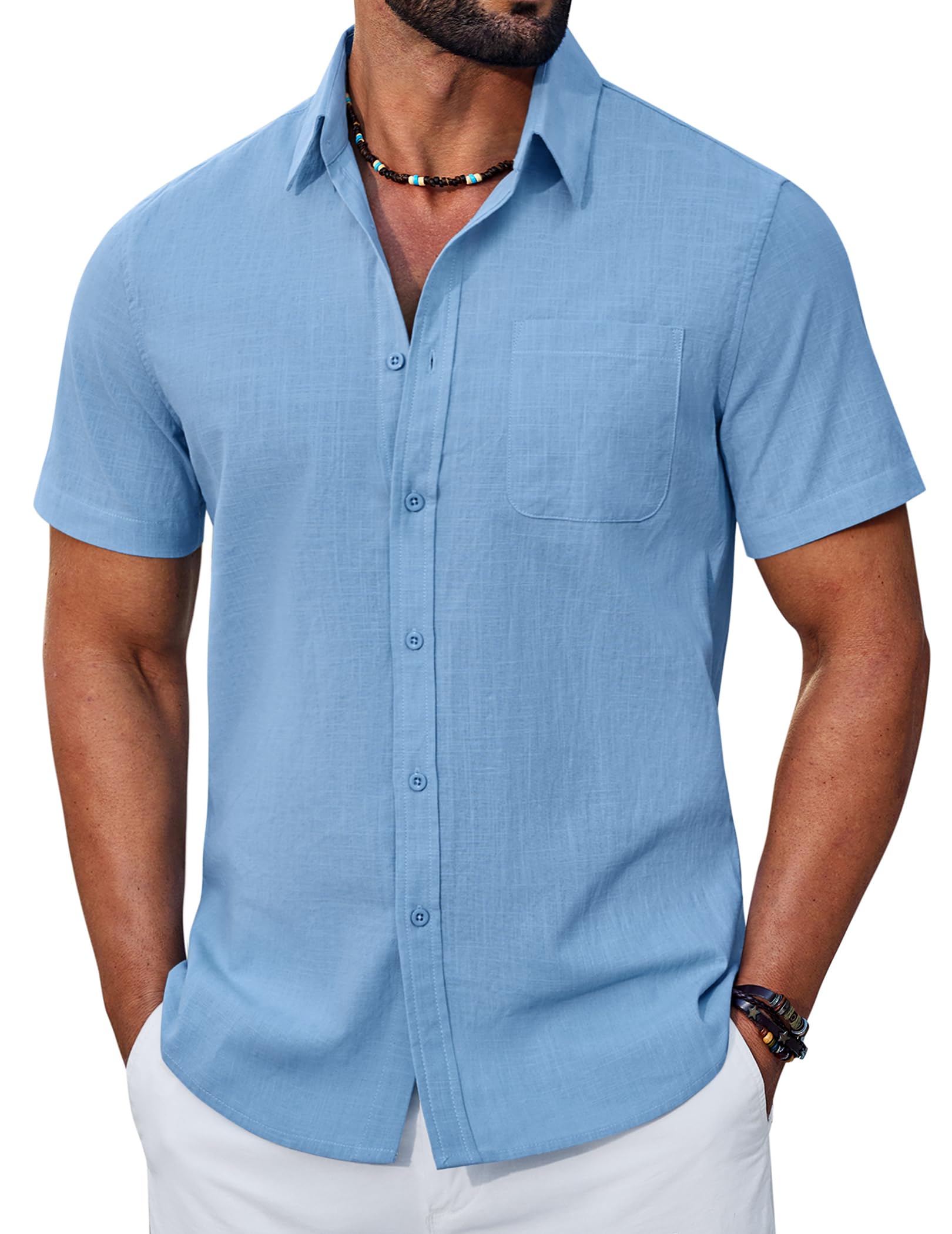 COOFANDY Hemd Herren Kurzarm Baumwollhemd Leicht Freizeithemd Sommer Casual Regular Fit Shirt mit Tasche Hellblau S