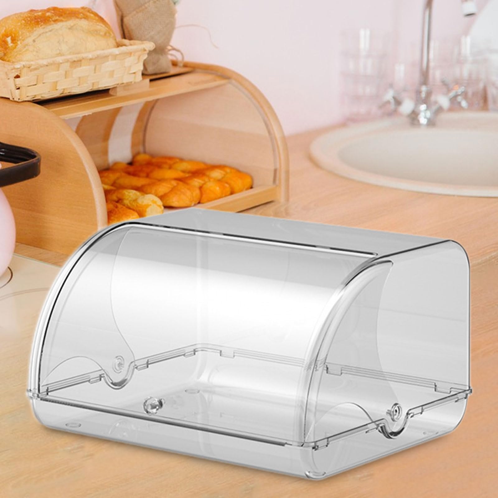 Baoblaze Portapane Organizzatore per Pane Biscotti per bancone della Cucina Caffetteria Prodotti da Forno da Forno con Coperchio Arrotolabile, Bianco Trasparente