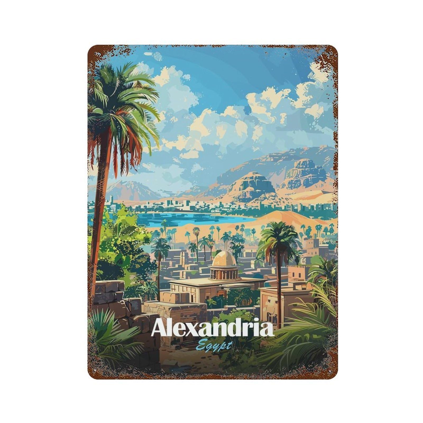 Aged Metal Wall Plaque with Alexandria, Egypt Travel Design 15.7"x11.8", for Farmhouse, Kitchen And Entryway Decor, Retro Wall Decor