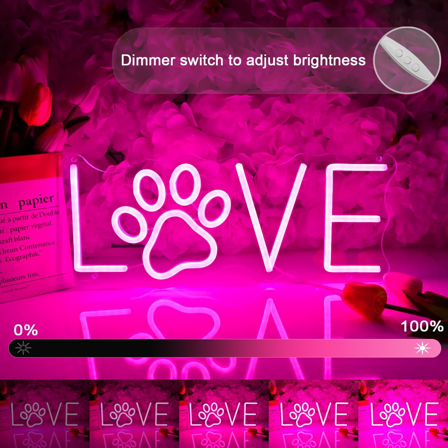 Britrio Pink Love LED Neon Light Sign Dog Paw Neon Sign Wall Decor for Pet Room Dog Cat Lover Girl Bedroom Wife Women Birthday Wedding Gift Living Room Home Decor Neon Night Light USB Powered 15.75” - Image 3