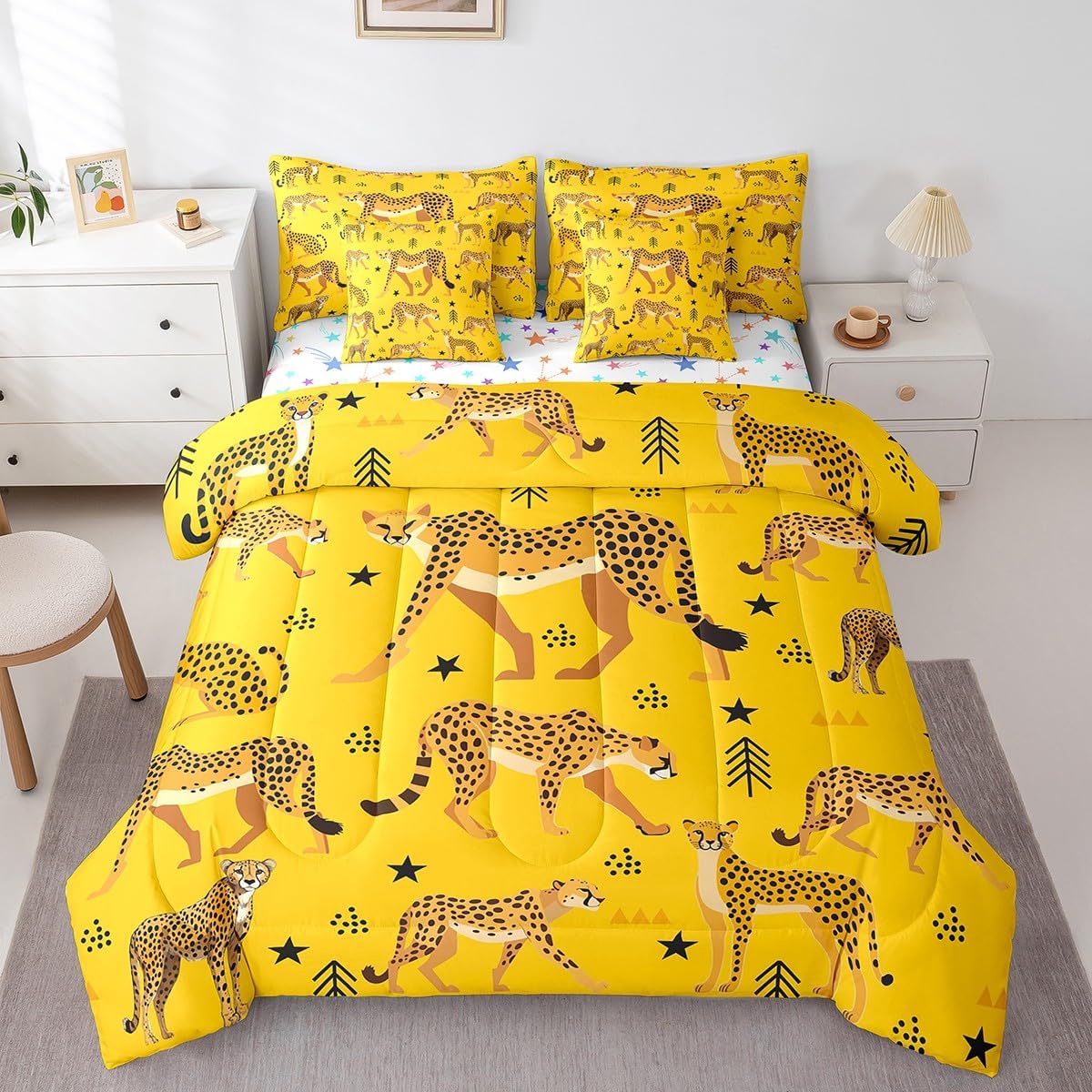 Castle Fairy 7 Pcs Pink Animal Full Comforter Set Cute Jungle Leopard Girly Bedding Sets for Kids Teens Adults Bed in a Bag(Comforter Flat Sheet Fitted Sheet 2 Pillowcases 2 Throw Pillow Covers)