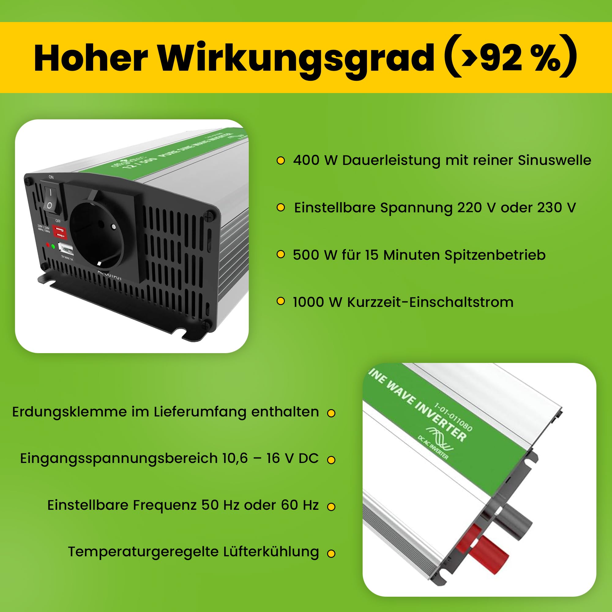 Offgridtec® Przetwornica napięcia sinusoidalnego PSI 500 W 1000 W 12 V na 230 V