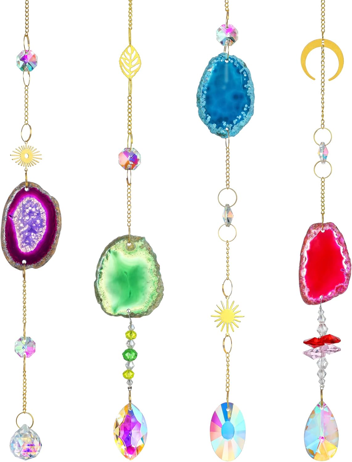 Hanging Dragonfly Pendant and 4pcs Natural Agate Slice Prisms Wind Chimes Ornaments Rainbow Maker
