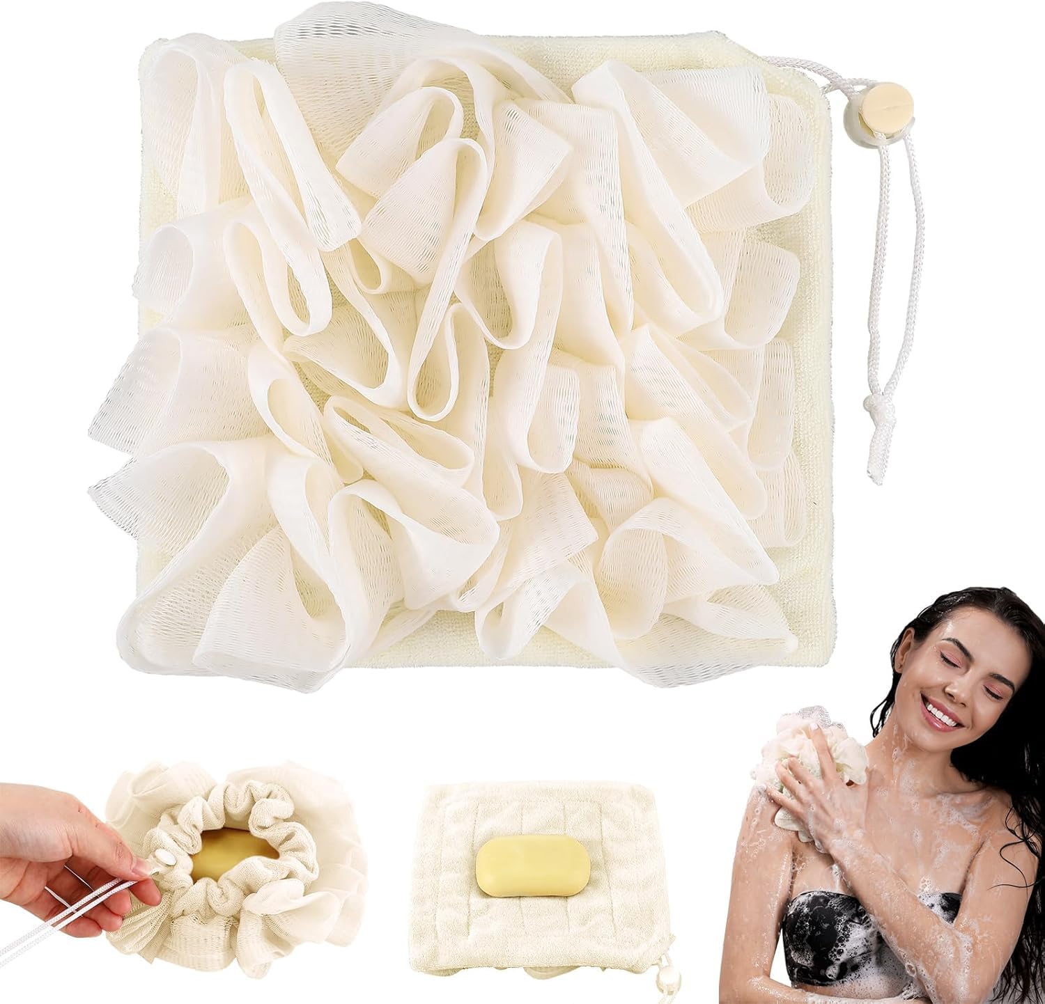 2-in-1 Shower Loofah Bath Sponge, Loofah Washcloth Combo, Exfoliating Soap Saver Pouch with Bar Soap Pocket, Reusable Shower Sponge for Body Wash & Smooth Skin-image-14