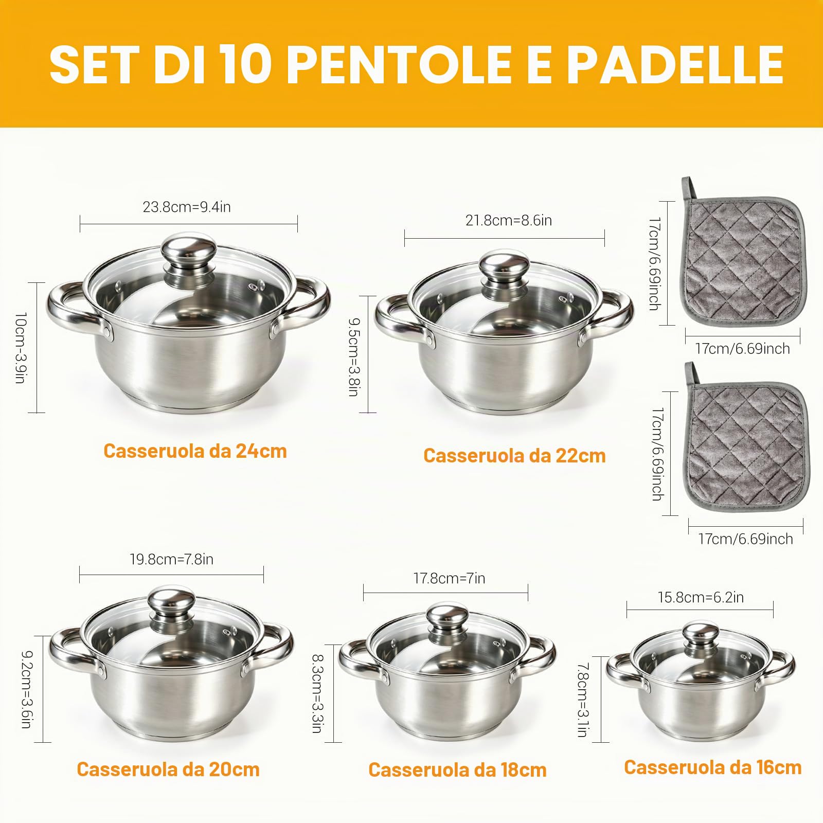Set 5 Pentole Induzione Acciaio Inox Coperchi Vetro Forno Lavastov | Compatibile Tutti Piani Cottura, Coperchi Vetro Trasparenti, Manici Ergonomici Antiscottatura, Distribuzione Calore Uniforme