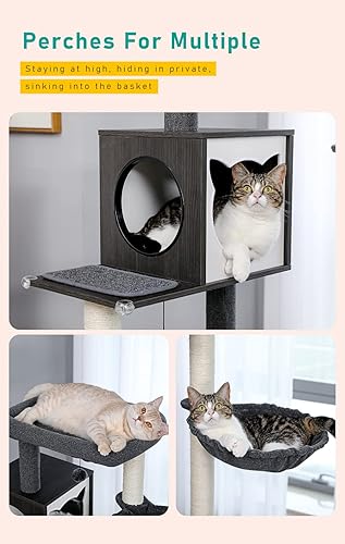 Miniatura 4 de PETEPELA Árbol de madera para gatos grande con caja de arena, torre para gatos con hamaca súper grande diámetro  15.7 pulgadas, condominio para