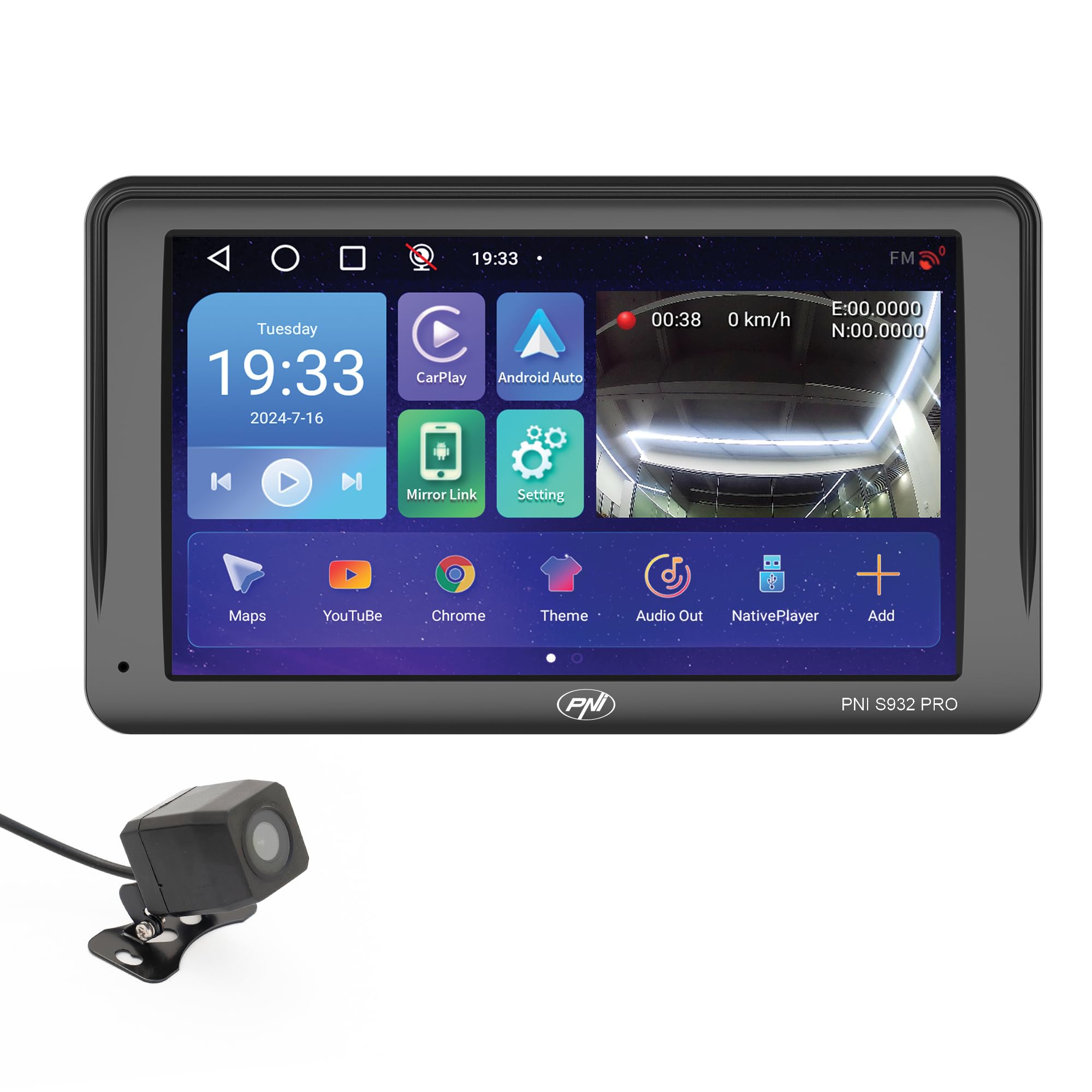 Sistema di navigazione GPS con DVR integrato PNI S932 Pro Display 7 pollici, memoria 32 GB, RAM DDR3 2 GB, Android 13, trasmettitore FM, Mirror Link, Carplay e Android Auto, telecamera