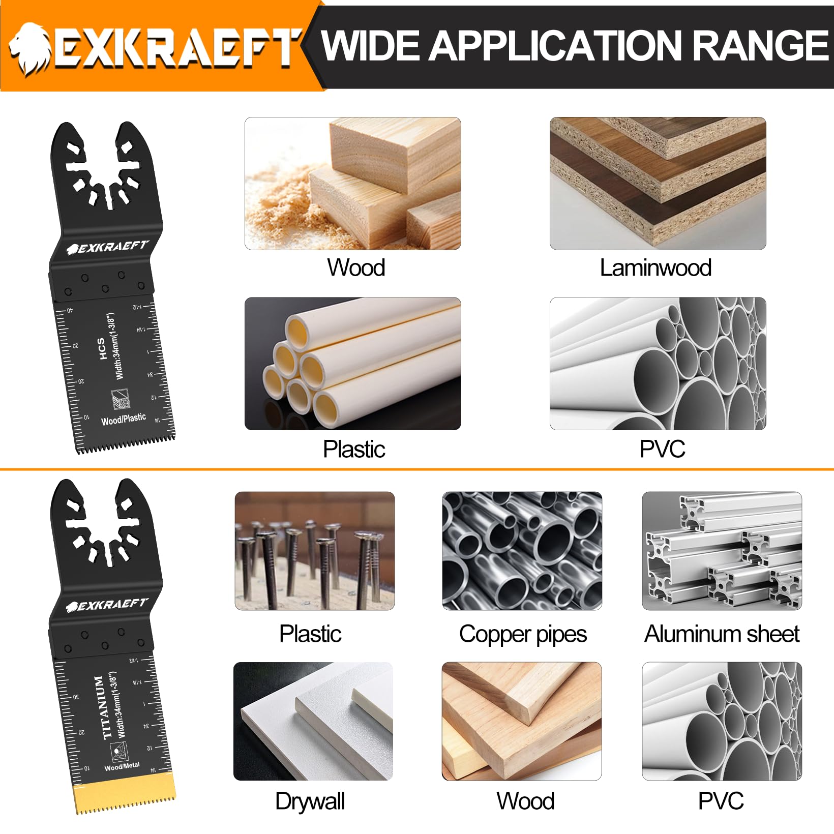 EXKRAEFT 55 hojas de sierra oscilantes, cuchillas oscilantes universales de titanio para clavos de metal, madera y plástico, kits de cuchillas multiherramienta compatibles con Dewalt Milwaukee Ryobi