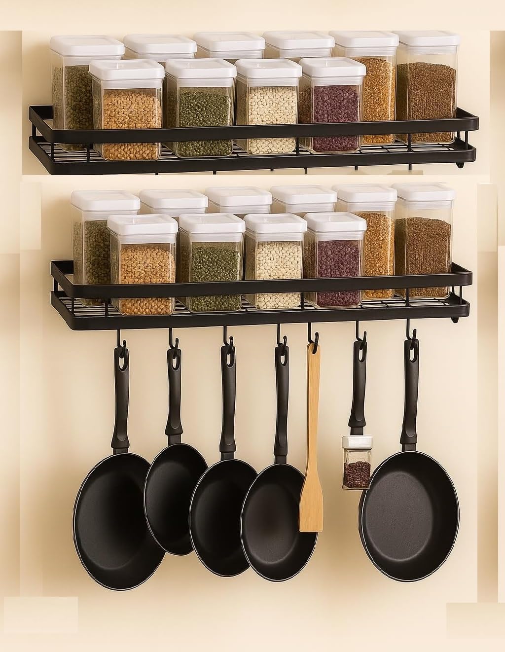Craft Mshopr Wall Mounted Kitchen Spice Rack Organizer – Set of 2 Black Iron Hanging Racks (16 inch & 15 inch) with 7 S-Hooks for Utensils | Space-Saving Dual-Size Spice Holders-image-14