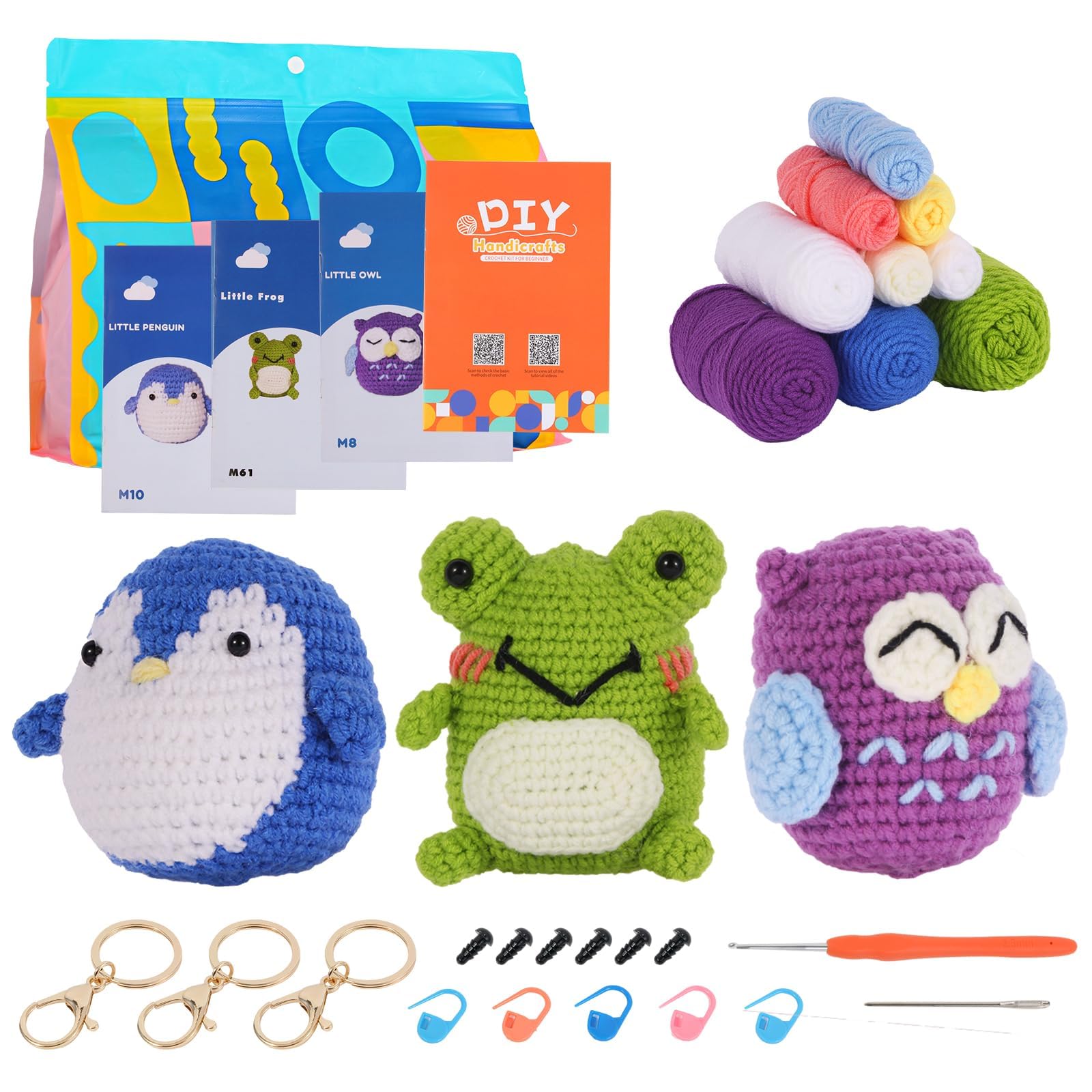 Nutgun Beginners Crochet Kit, Crochet Kit for Beginners Adults,Complete Crochet Set to Make 3PCS Animals,Include Yarn, Eyes, Stuffing, Crochet Hook,Step-by-Step Instruction and Video Tutorial