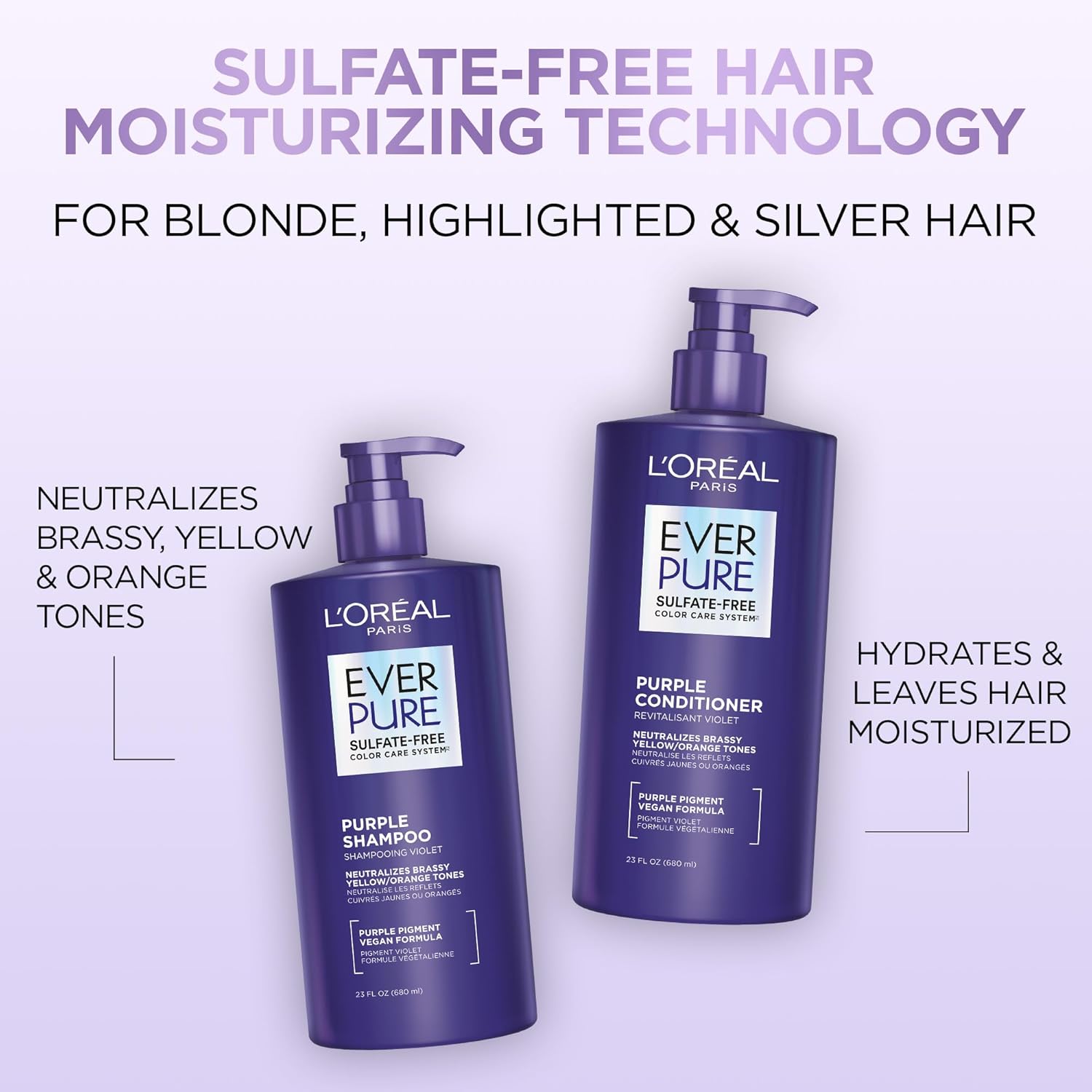 L’Oreal Paris Sulfate Free Brass Toning Purple Conditioner for Blonde,Bleached,Silver,or Brown Highlighted Hair,EverPure,23 Fl Oz (Packaging May Vary),(Pack of 2)