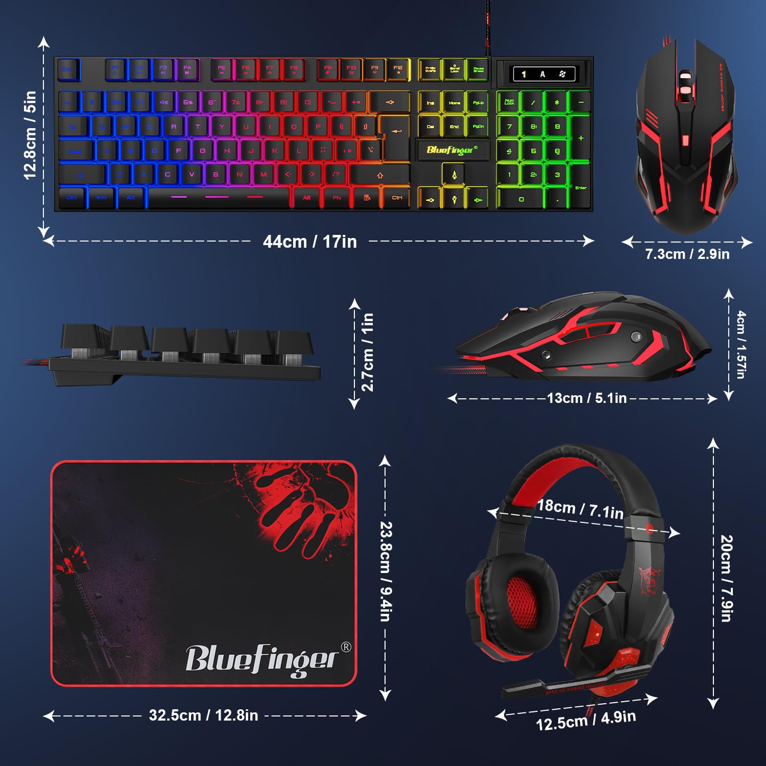 Teclado RGB para juegos y teclado retroiluminado y auriculares, teclado retroiluminado BlueFinger USB con cable retroiluminado, juego de ratón LED para juegos, auriculares con micrófono para