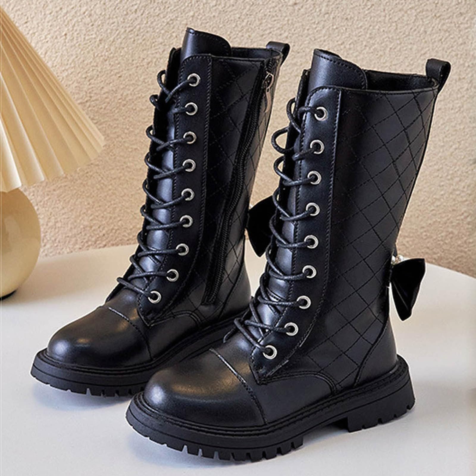 Mädchen Perlenschleife Stiefel Langschaft Schnürstiefel Gummisohle