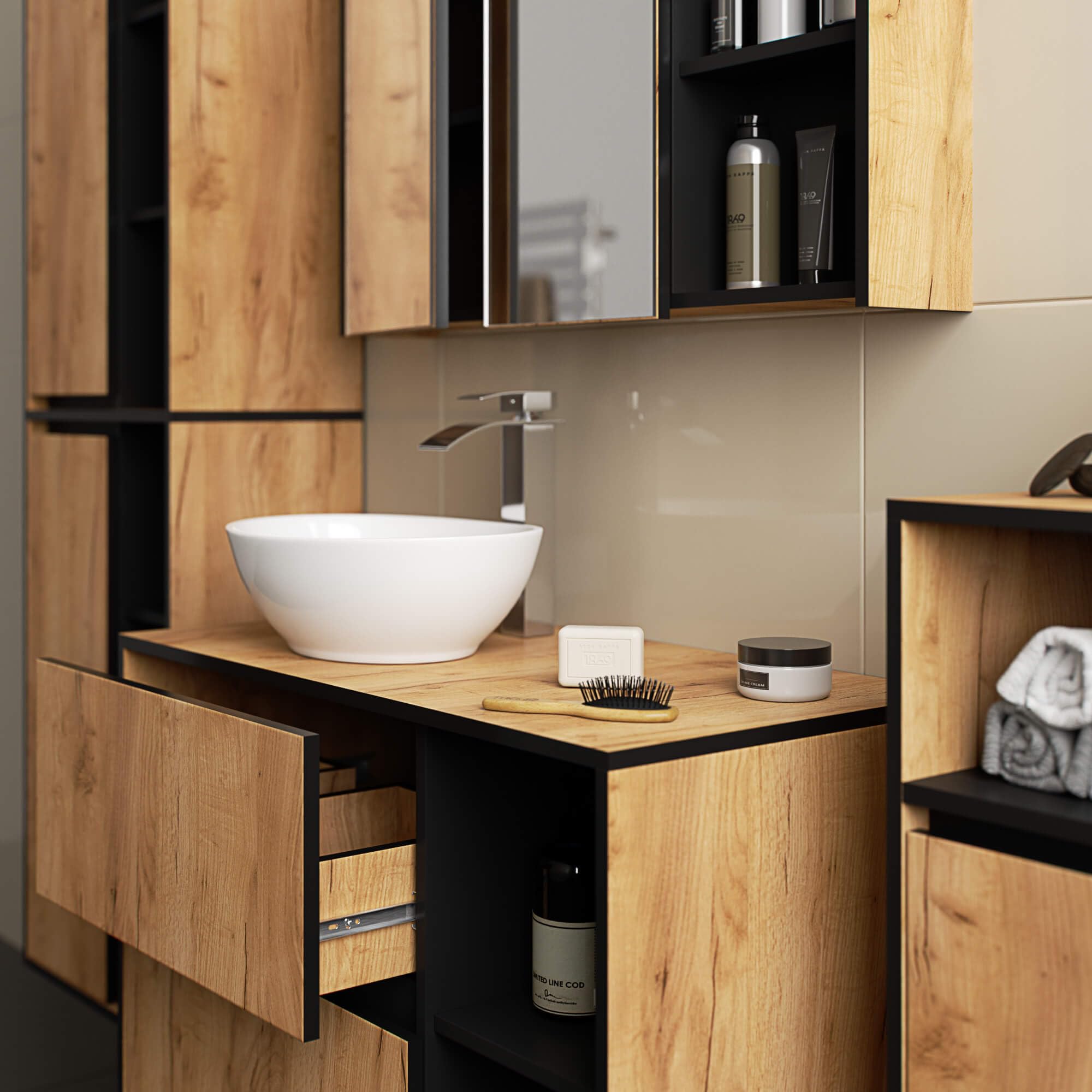 AKORD Mobile Bagno con Specchio VAMI 90 cm - Pensile Bagno Specchio Contenitore 2 Ante, 6 Ripiani - Spazioso - Robusti e Resistenti all'Umidità - 90x75x15 cm - Rovere Artigianale & Nero