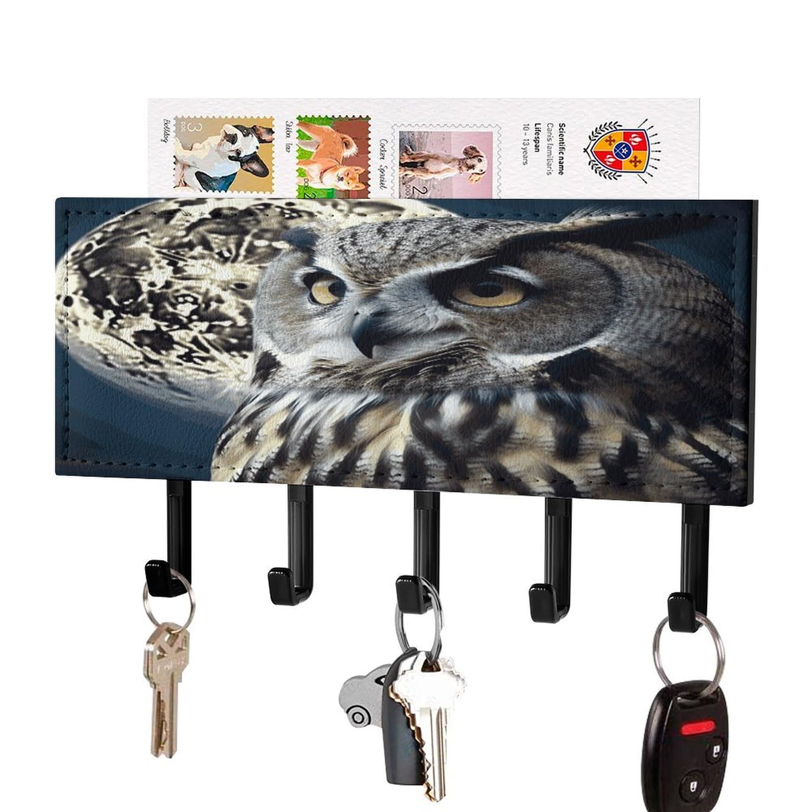 Fekiloot Black-Style Owl And Moon Key Holder Wall Mount Key And Mail Holder Key Hanger With 5 Hooks Decorative Pu Key Rack Hanging Key Hooks For Wall Living Room Kitchen Bathroom Hallway