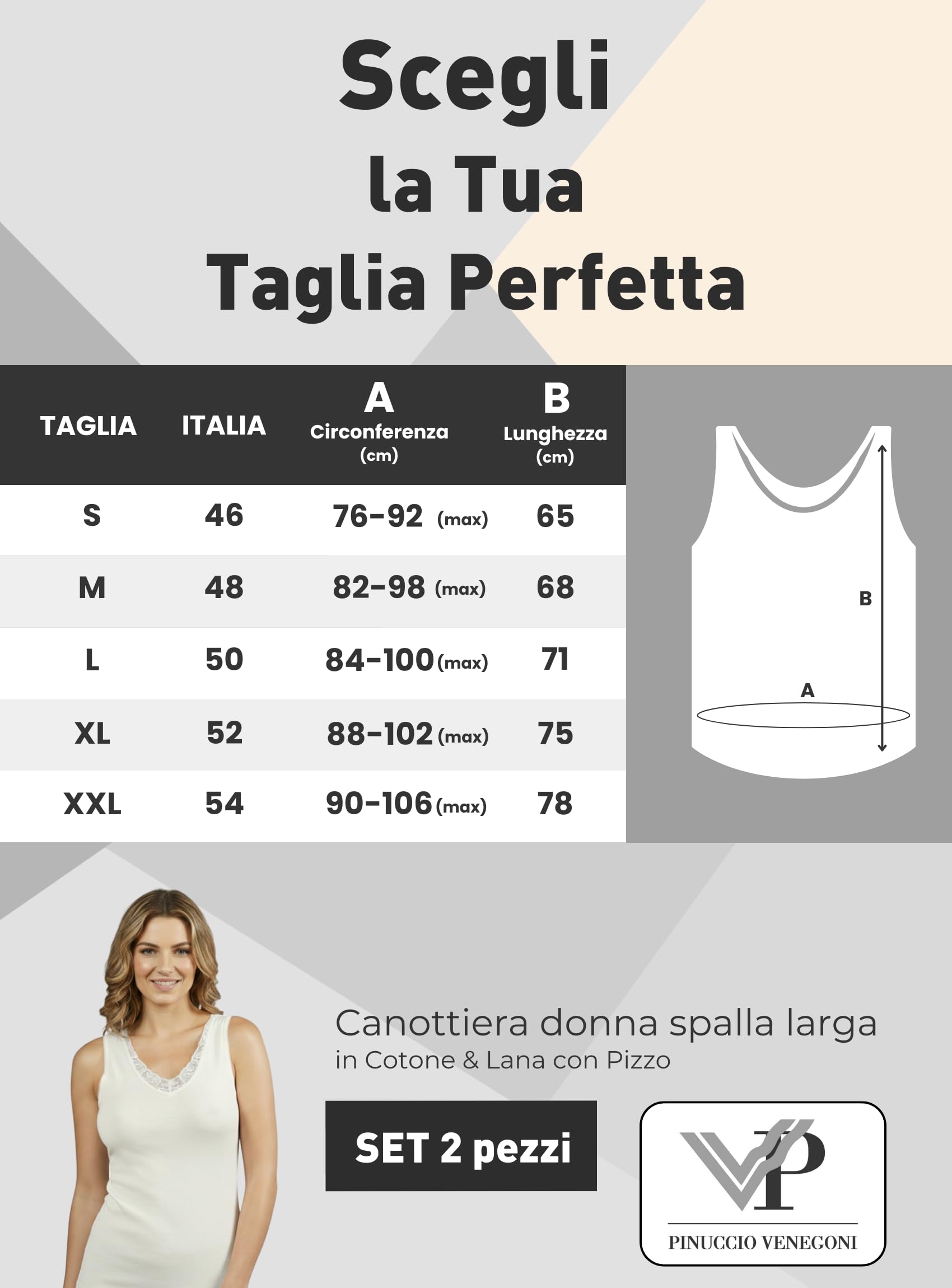 VP PINUCCIO VENEGONI Set 3 Canottiere Donna Spalla Larga in Lana e Cotone | Intimo Termico Made in Italy, Dettaglio in Pizzo