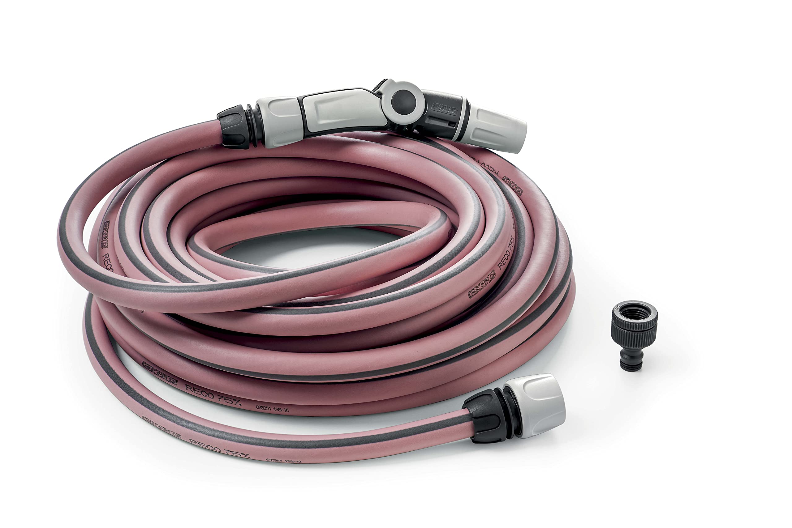G.F. Srl TUYAU RECO, 25m de tuyau pour l'arrosage 15 mm (5/8") en PLASTIQUE RECYCLE, équipé de KIT pour l'arrosage (lance ergonomique 3 jets, raccords, nez de robinet). Fabriqué en France, Fuchsia